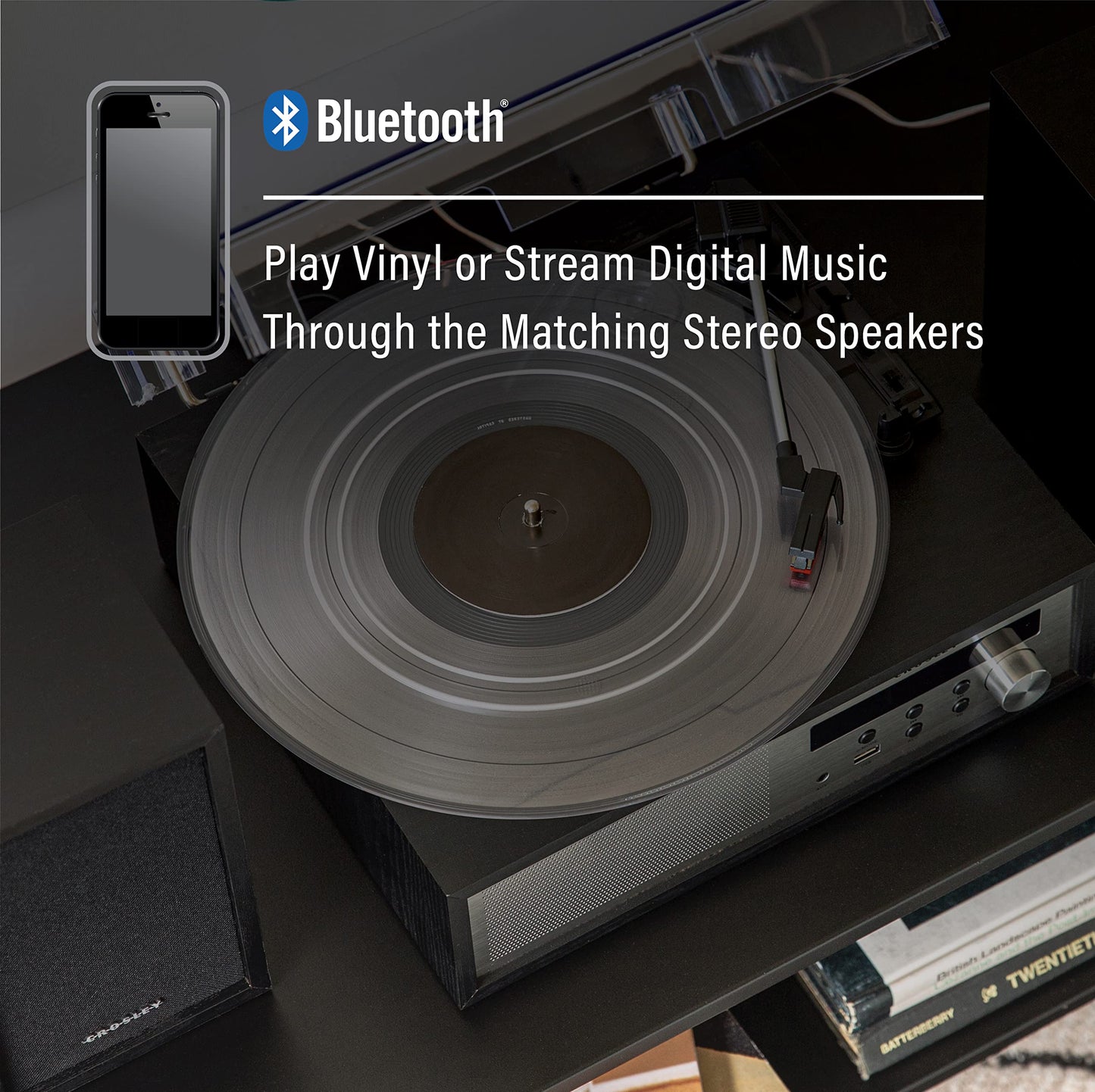 Crosley CR7022A-BK Sloane 3-Speed Bluetooth Turntable and FM Radio Shelf System with Matching Stereo Speakers, Black