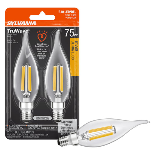 Sylvania LED TruWave Natural Series Décor Light Bulb, B10 Chandelier 75W Equivalent, Efficient 7.5W, Candelabra Base, Dimmable, 750 Lumens, 2700K