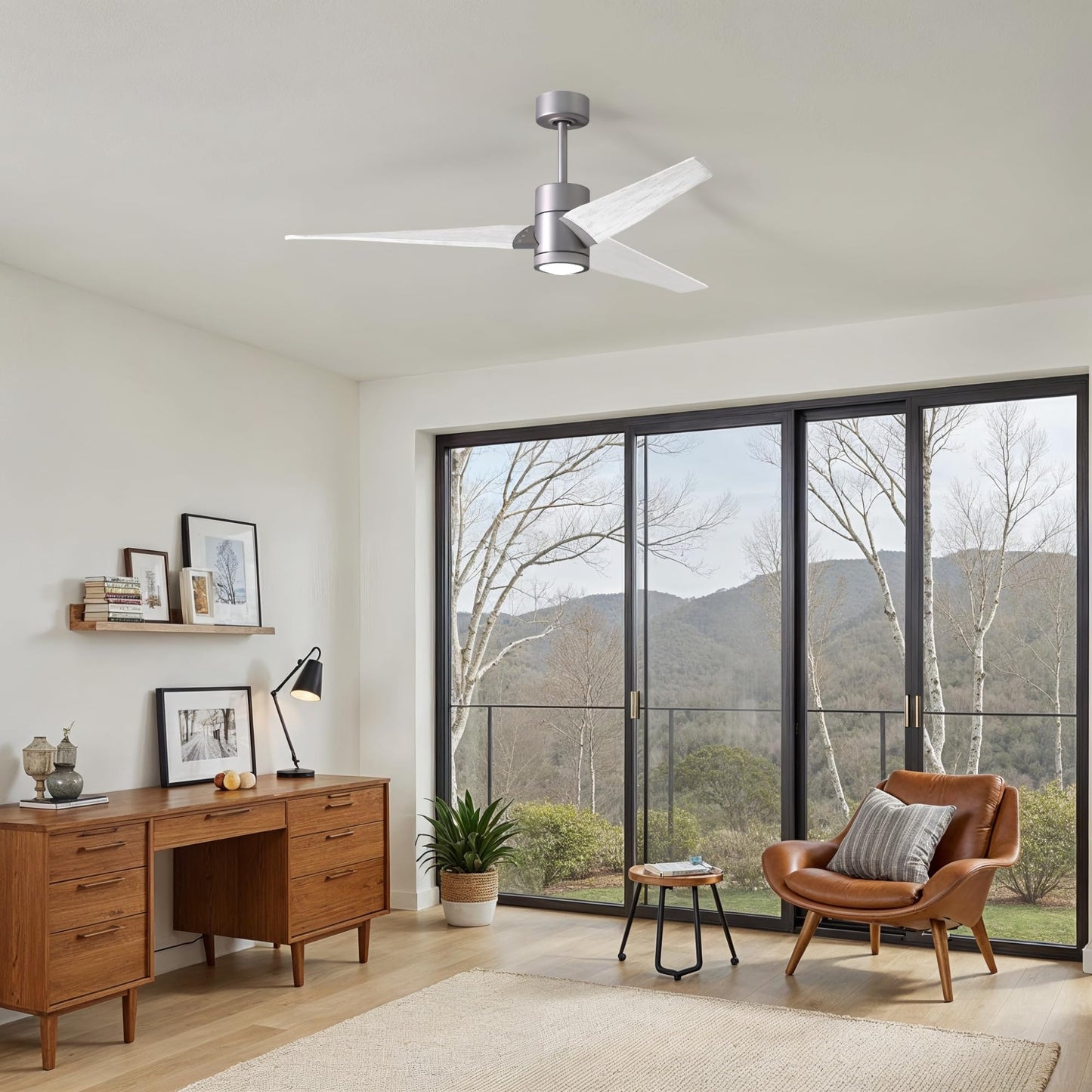 Matthews SJ-BN-MWH-60 Super Janet Damp Rated 60" Ceiling Fan with LED Light and Remote & Wall Control, Silent DC Motor, 3 Wood Blades, Brushed Nickel
