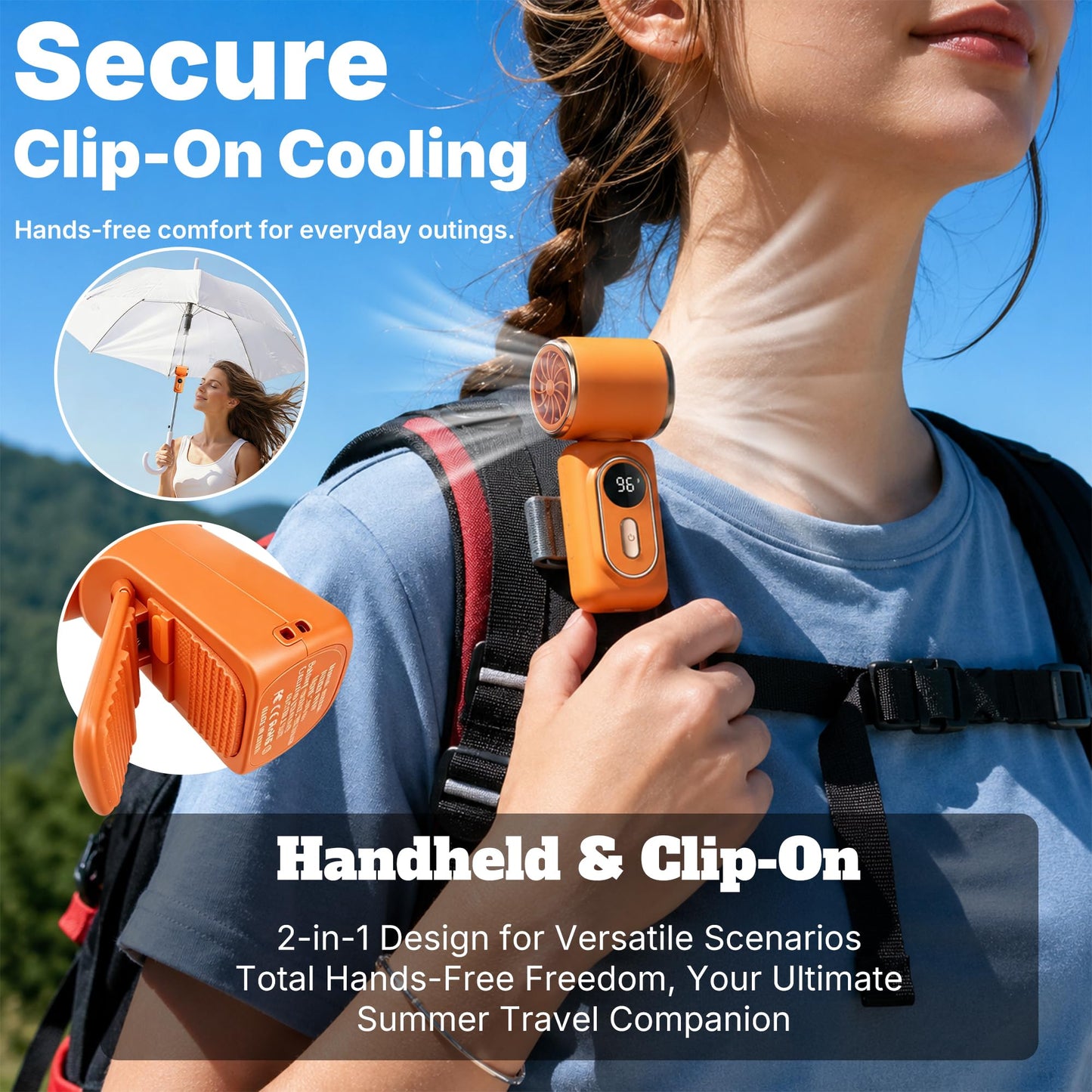 Sovrelon Portable Clip-On Mini Fan with Ice Cooler, Personal Handheld Turbo Fan 3000mAh Rechargeable, 180° Rotatable Air Outlet, High-Speed Motor