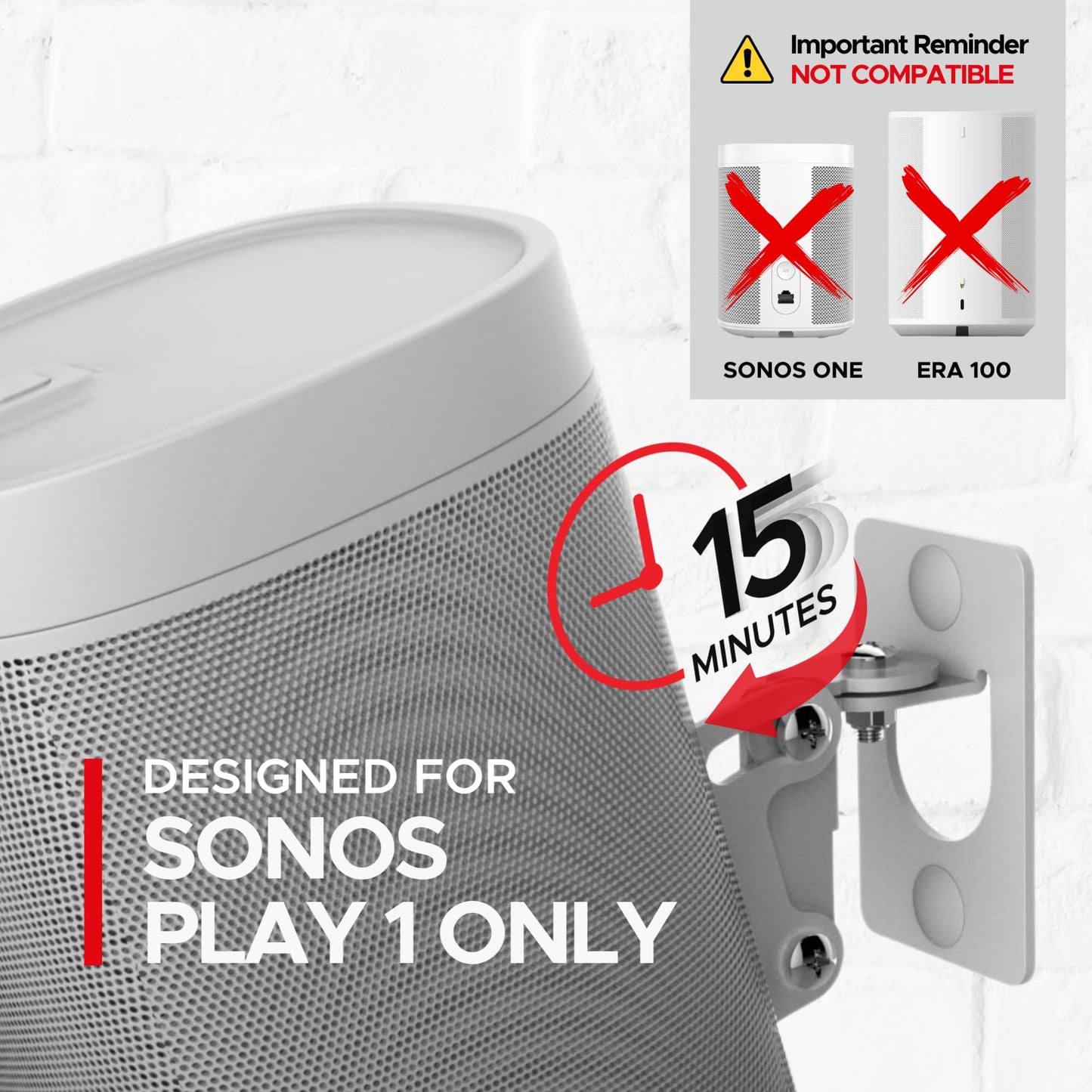 Sound Bass Play 1 Wall Mount, White, Pair, Compatible with Sonos Play:1 Only, Twin Pack, Adjustable Swivel & Tilt Mechanism, 2 Mounting Brackets