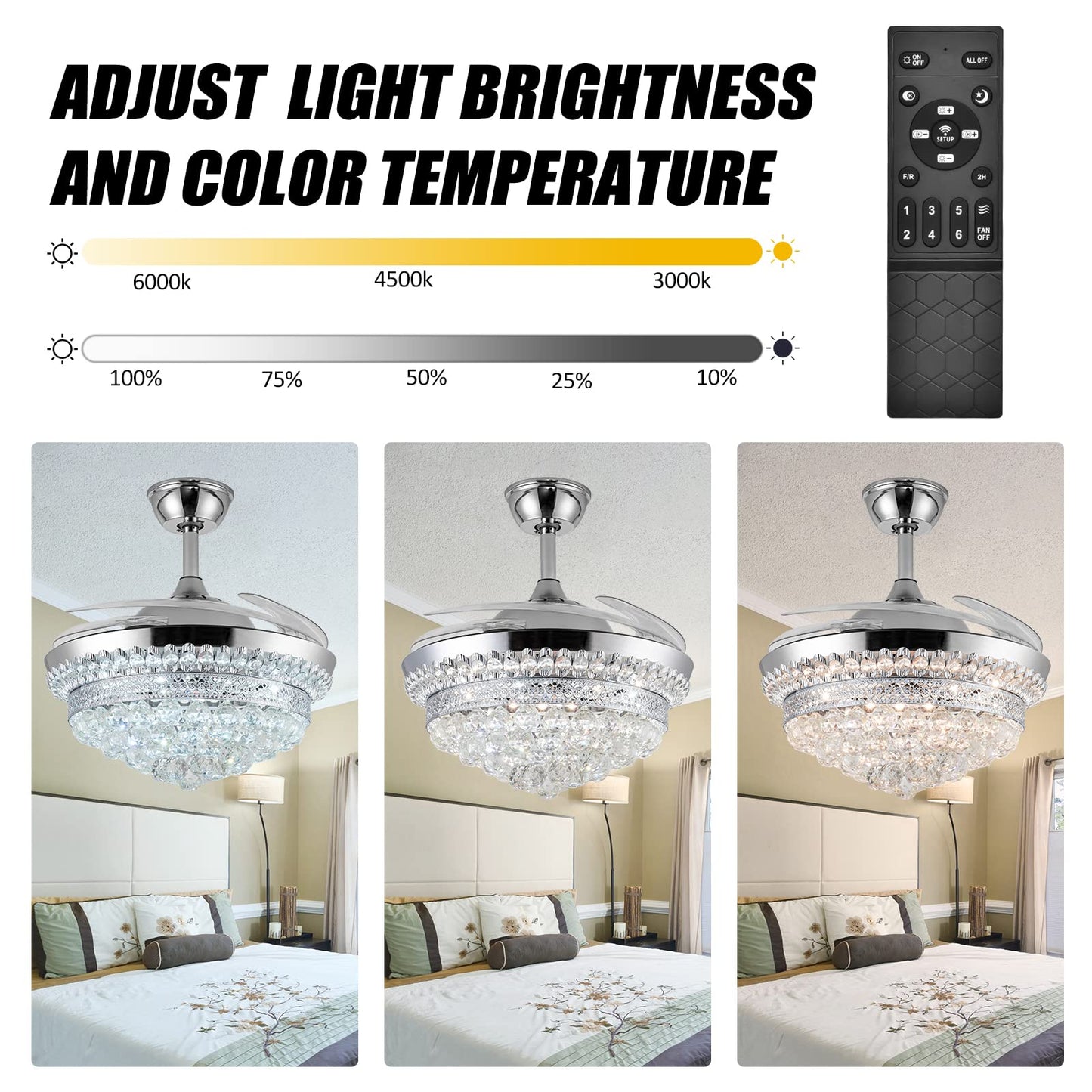 Panghuhu88 42" Invisible Ceiling Fan Chandelier with Light,Modern Crystal Ceiling Fan Light Remote Control 4 Retractable ABS Blades for Bedroom Living