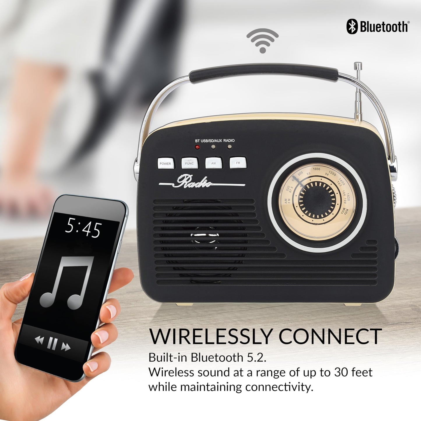 Supersonic SC-1201BT Retro Portable Bluetooth Speaker with Vintage Vibes, AM/FM Radio, USB/SD Card/AUX Inputs, in a Cute Old Fashion Style for Kitchen