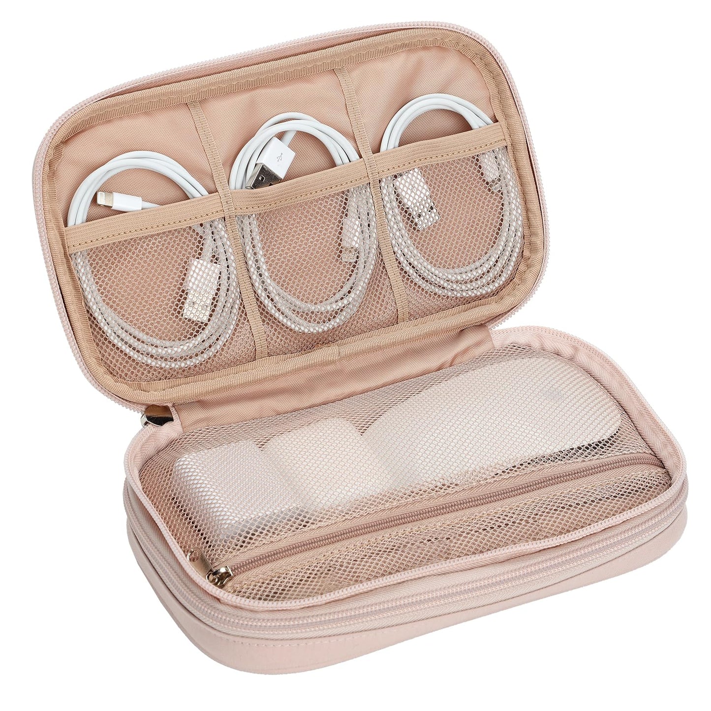 NISHEL Travel Cord Organizer Case, Double Layers Tech Electronic Bag, Essentials for Charger, Cable, Phone, Flash drive, Medium, Pink