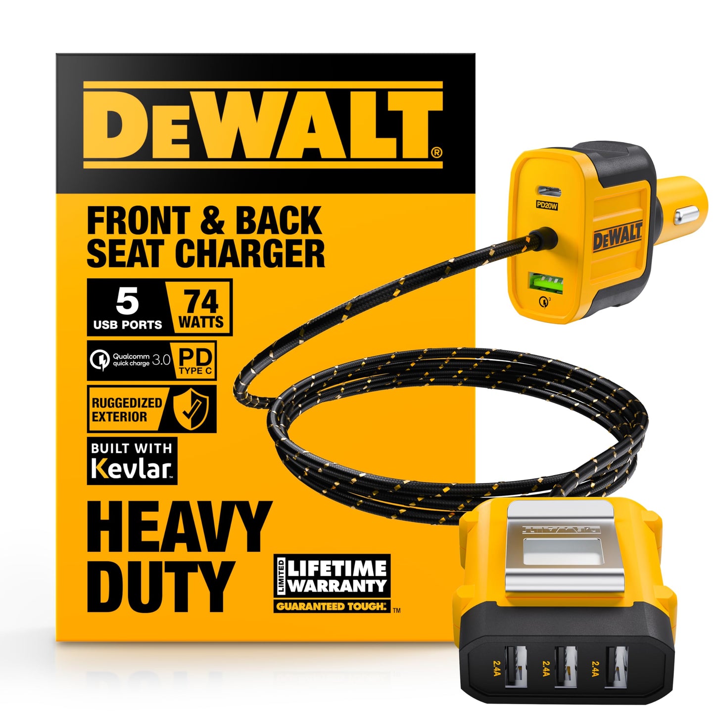 DEWALT Heavy Duty 72W 5 Port USB Car Charger Multiport, iPhone 16 Multi USB Car Charger, Fast Charge PD & QC3.0 Cigarette Lighter Adapter w/ 6FT