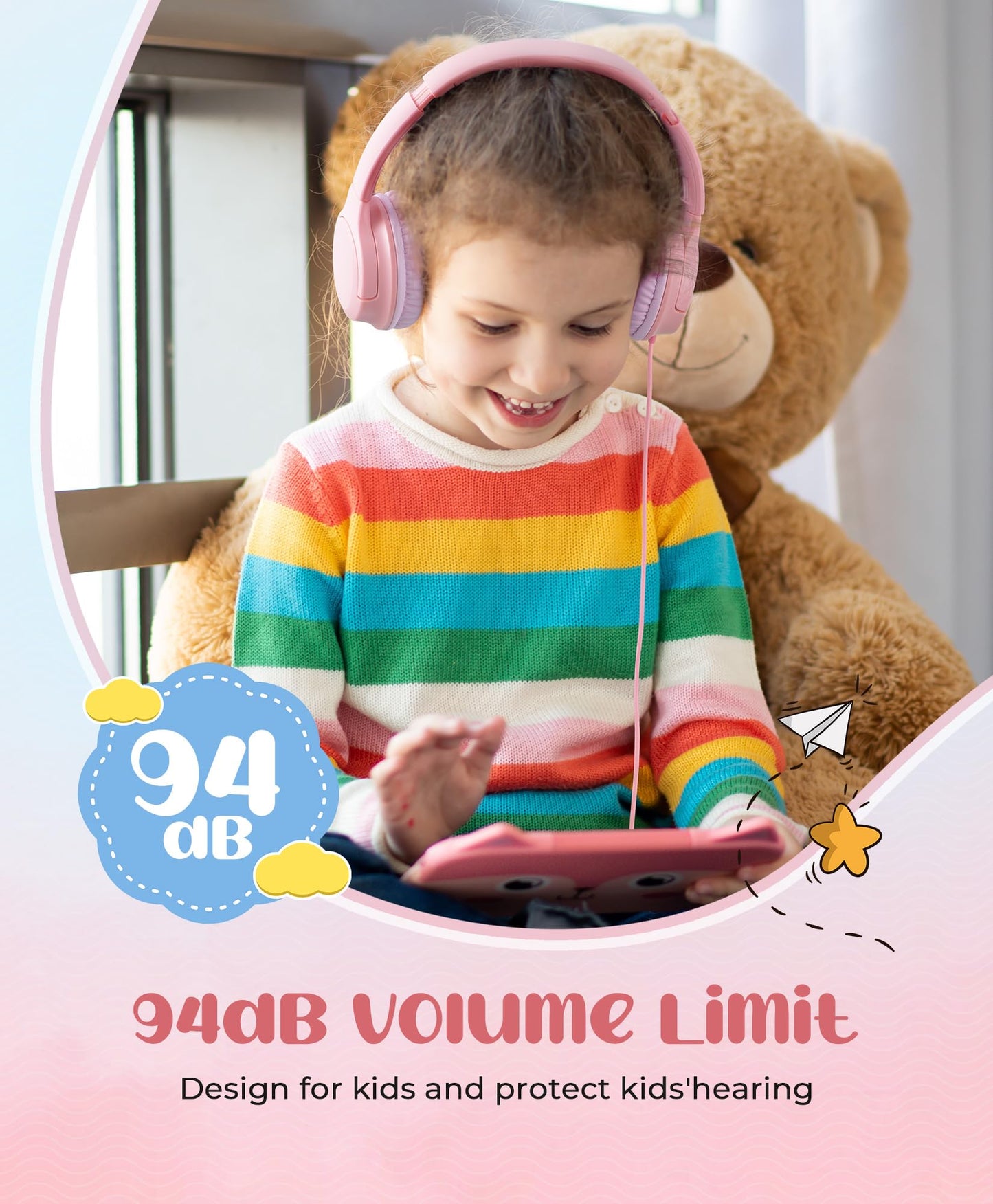 DyBaxa Kids Headphones, Wired Foldable On-Ear Headphones for Kids, Volume Limiter 94dB, Kid Headphones for School Classes Travel, 3.5mm Jack Kids