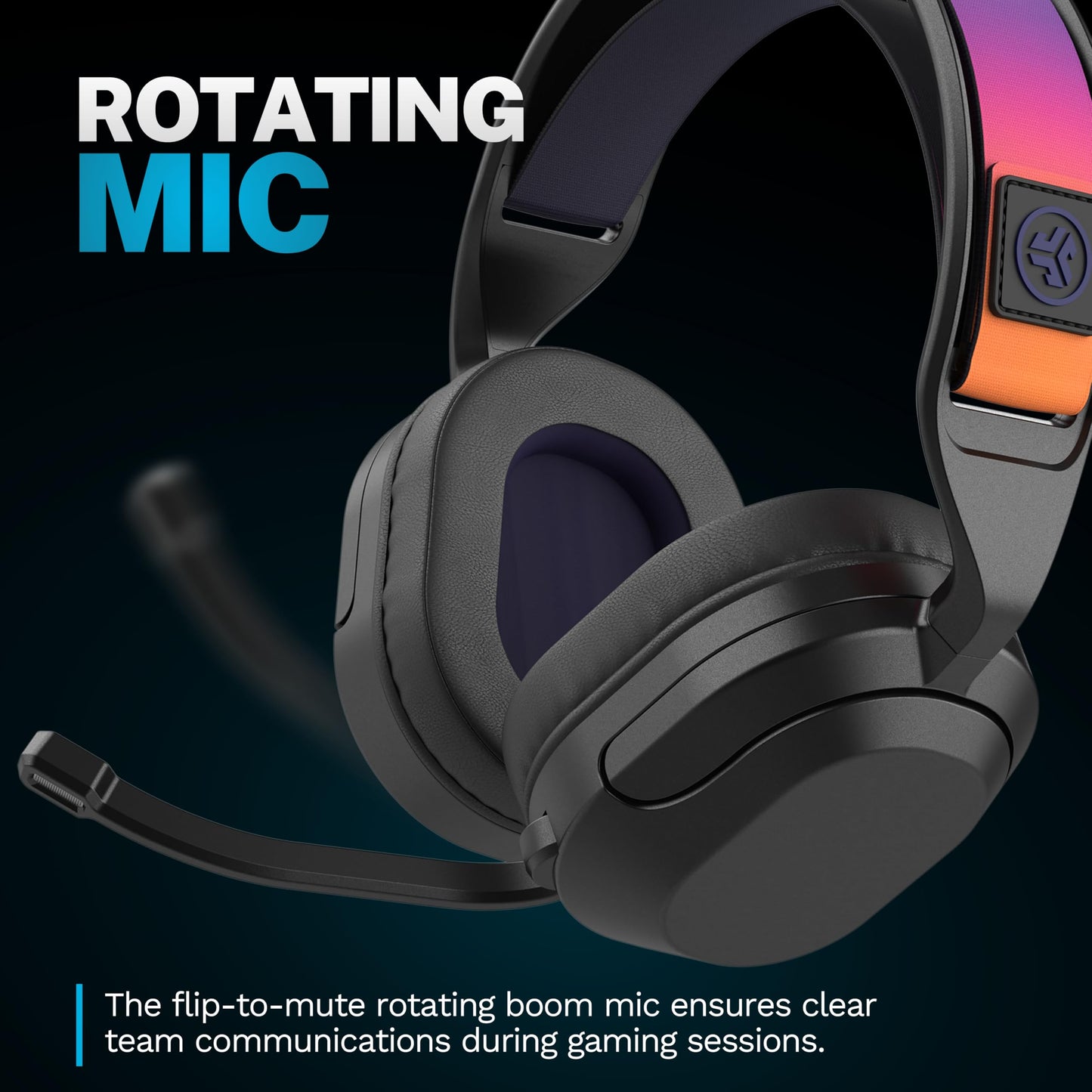 JLab Nightfall Wireless Gaming Headset, All-Night Comfort, 50mm Drivers and Sound Isolating Inner Shelf, Flip-to-Mute Rotating Mic, Dual Wireless