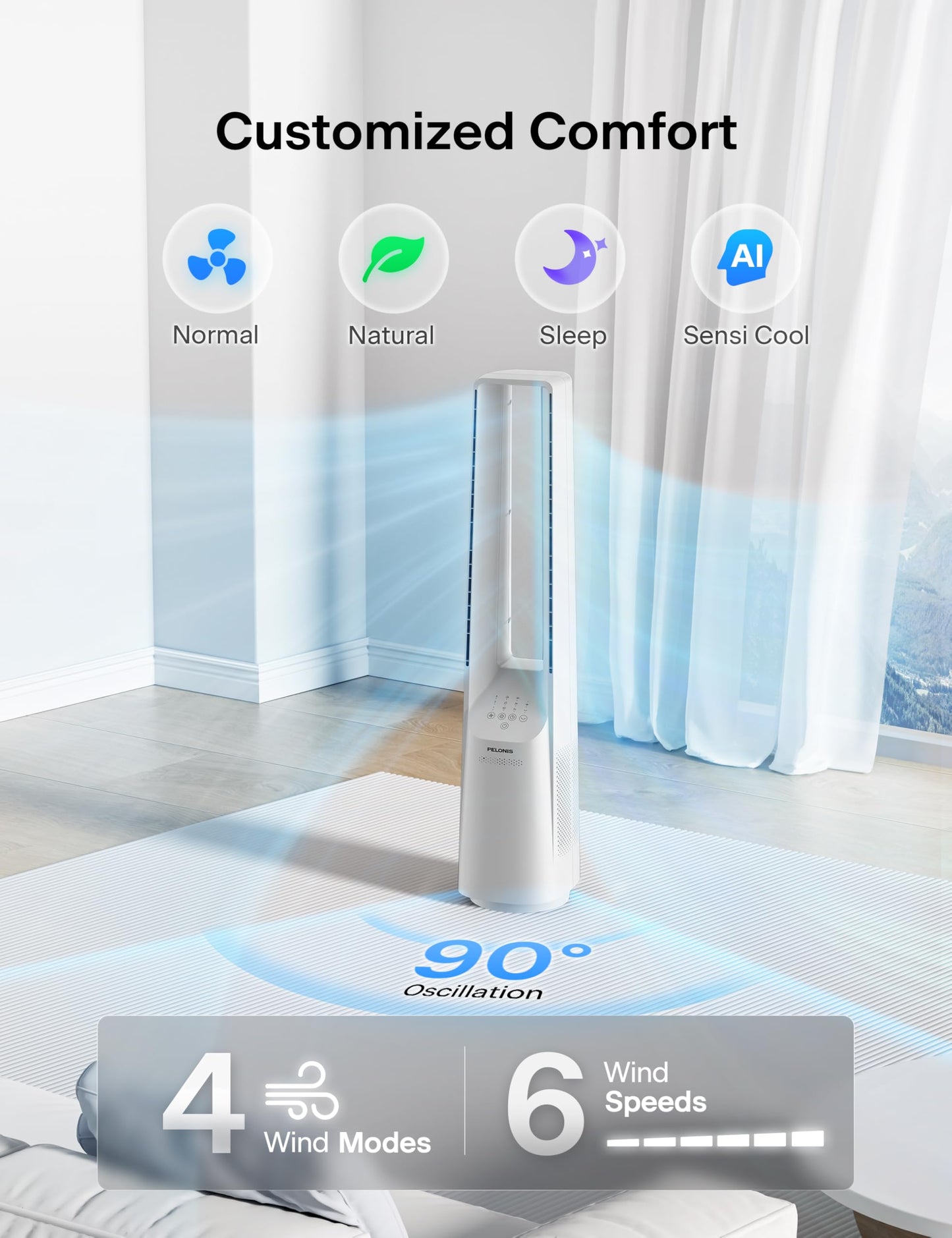 PELONIS 40" 90° Oscillation Bladeless Fan for Bedroom with Remote, White