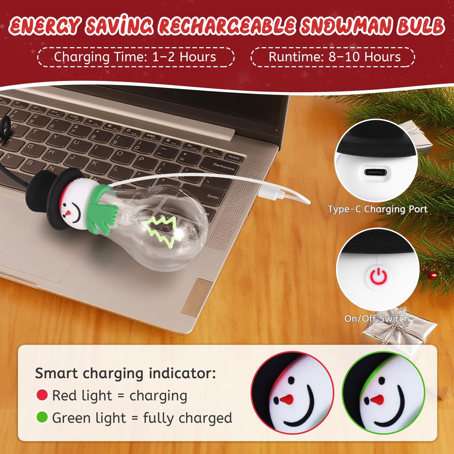 Christmas Bulb Light Hanging Christmas Night Light Edison Style Bulb USB Powered 8Hrs Play Fun Decorative for Indoor Outdoor Home Party Holiday