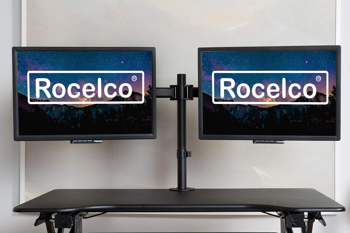 Rocelco Premium Desk Computer Monitor Mount - Standard Pattern Fits 13" - 27" LED LCD Dual Flat Screen - Double Articulated Full Motion Adjustable Arm
