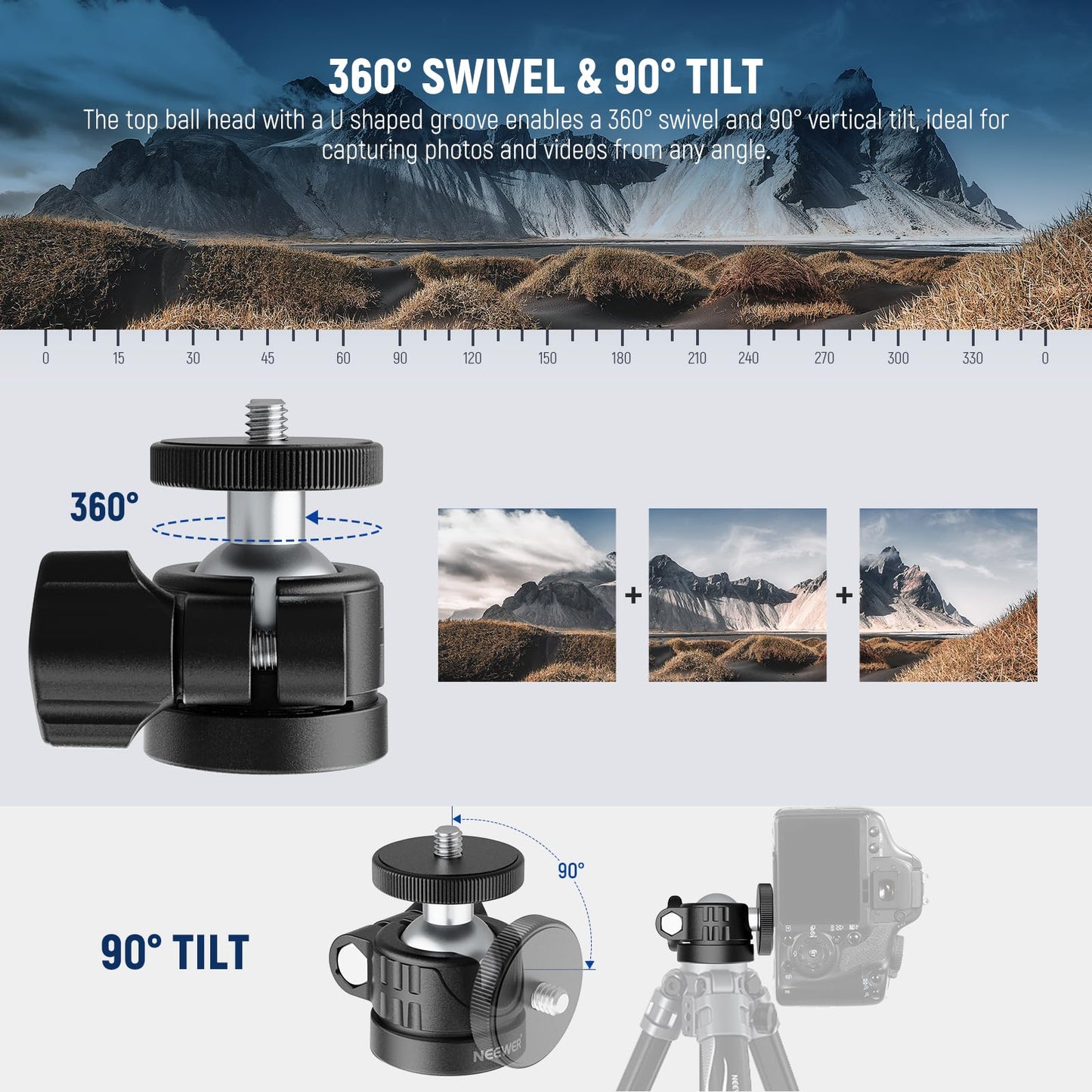 NEEWER Basic Mini Ball Head, Portable Tripod Head Camera Mount Adapter with 1/4" Screw for Compact DSLR Action Cam Phone LED Ring Light Monopod