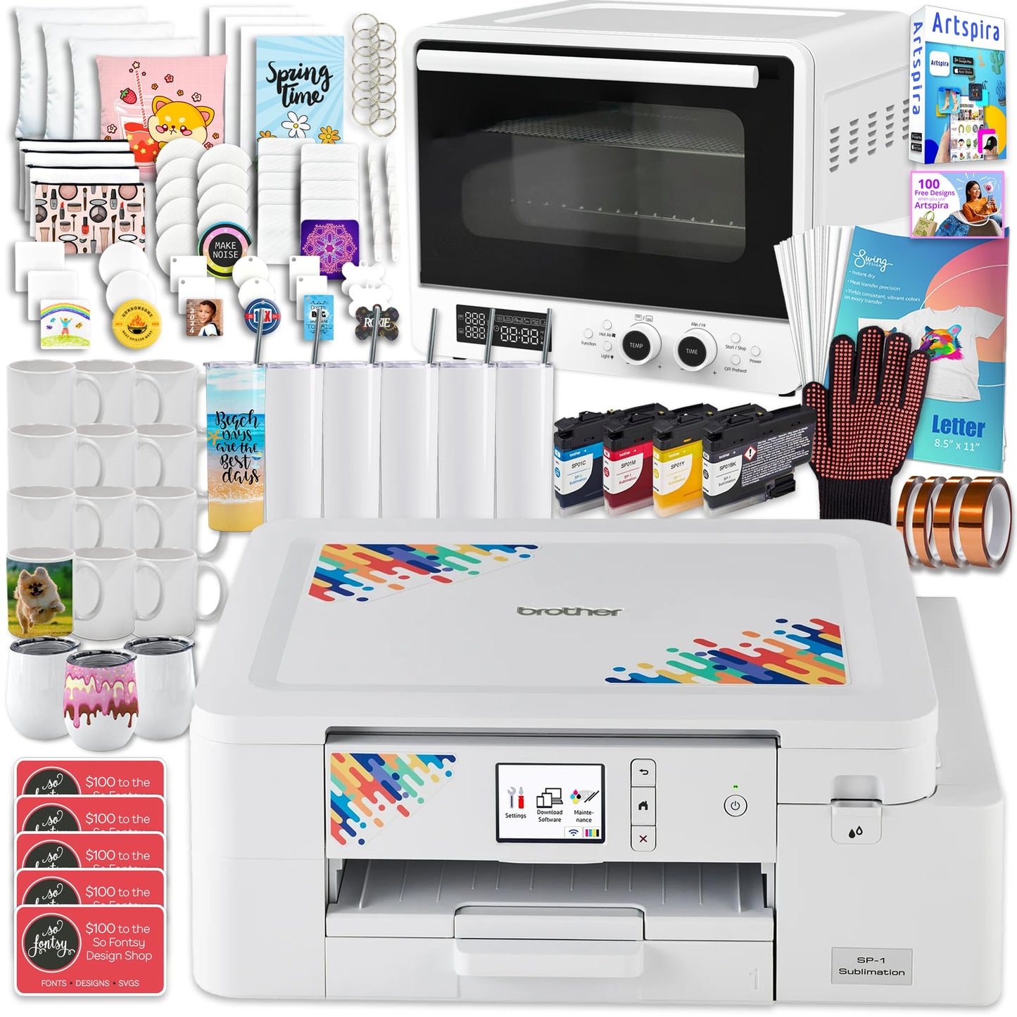 Brother SP-1 Sublimation Printer Bundle with Sublimation Oven, Full Ink Set, 160 Sublimation Transfer Sheets, Blanks, Tape and More