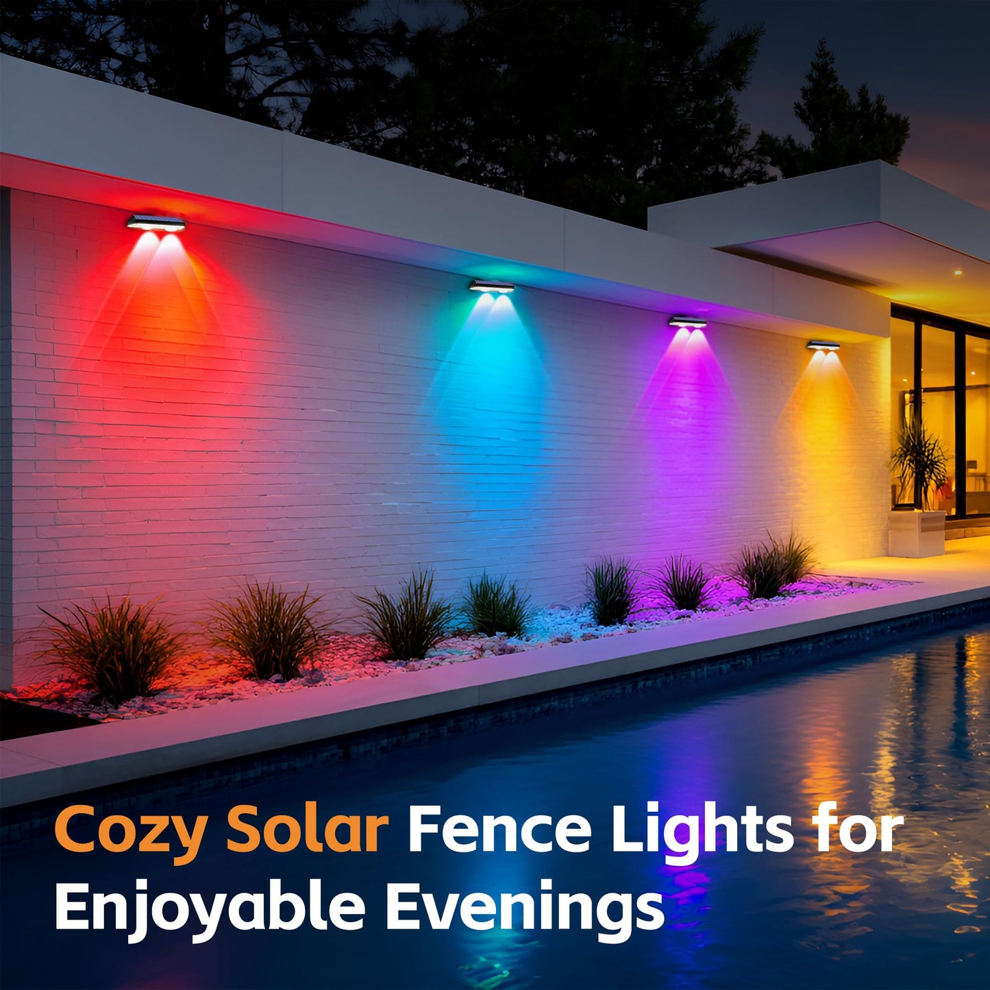FAXBOX Solar Fence Lights Outdoor, Waterproof LED,RGB Color Mode 6 Solid Monochrome, SolarPowered Wall Lights with 500mAhBattery,Solar Fence Lights