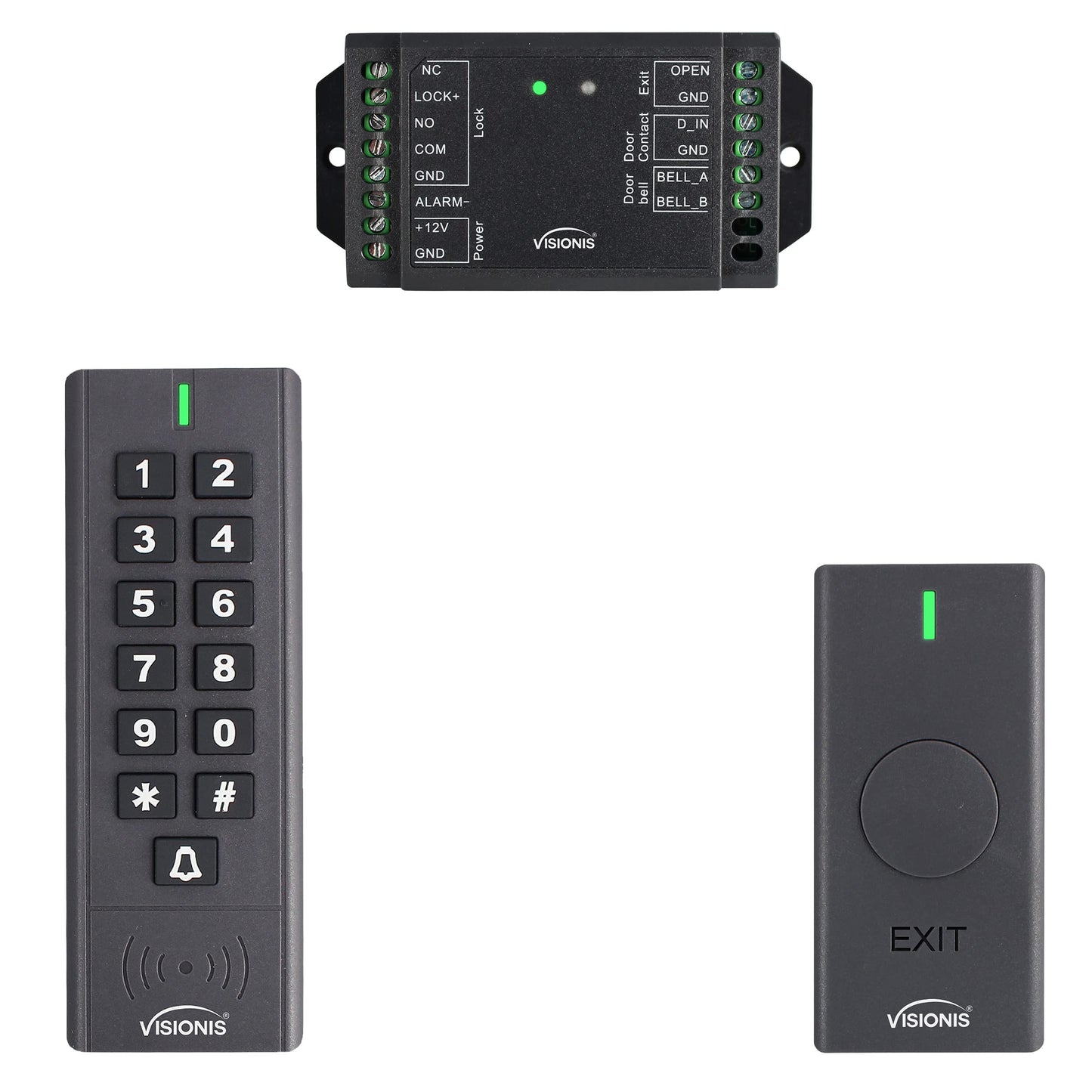 Visionis VIS-3200 Outdoor IP65 Black Access Control Kit with Wireless RFID Keypad, Exit Button, Receiver, 433 MHz 165 Ft Range with 500 Users