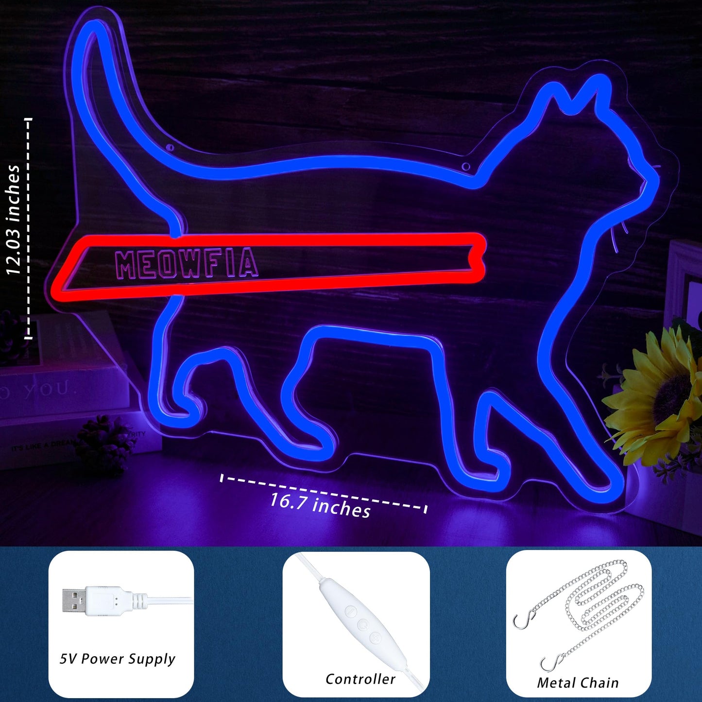 MEOWFIA Neon Sign for Wall Décor USB Powered Funny Cat Led Sign Dimmable Football Neon Light for Sport Bar Bedroom Game Room Gift for Sport Fans (16.7