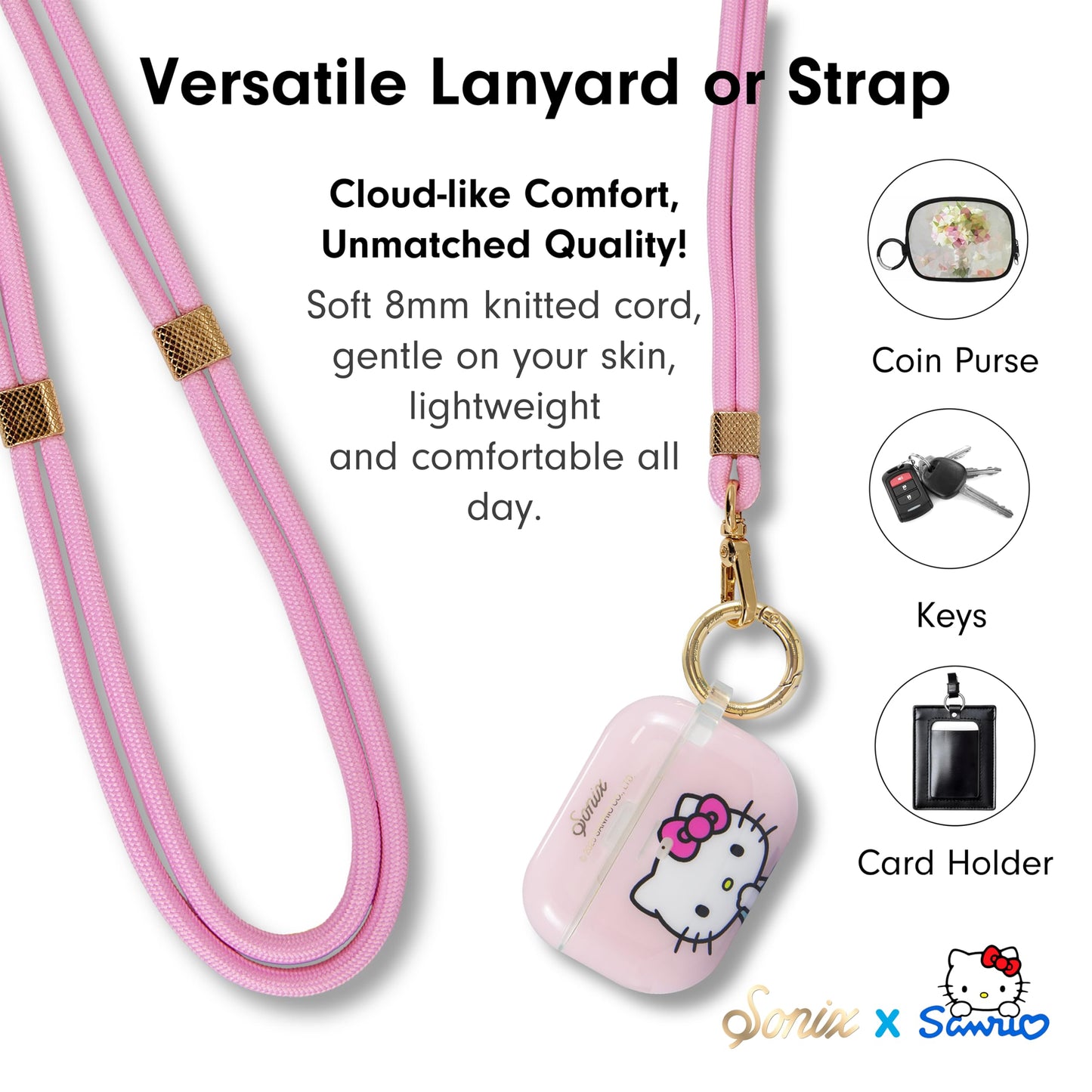 Sonix x Sanrio | Crossbody Phone Strap with Charms | Adjustable, Universal Cell Phone Rope Strap Lanyard | Pink Cord | Hello Kitty Pink Bows