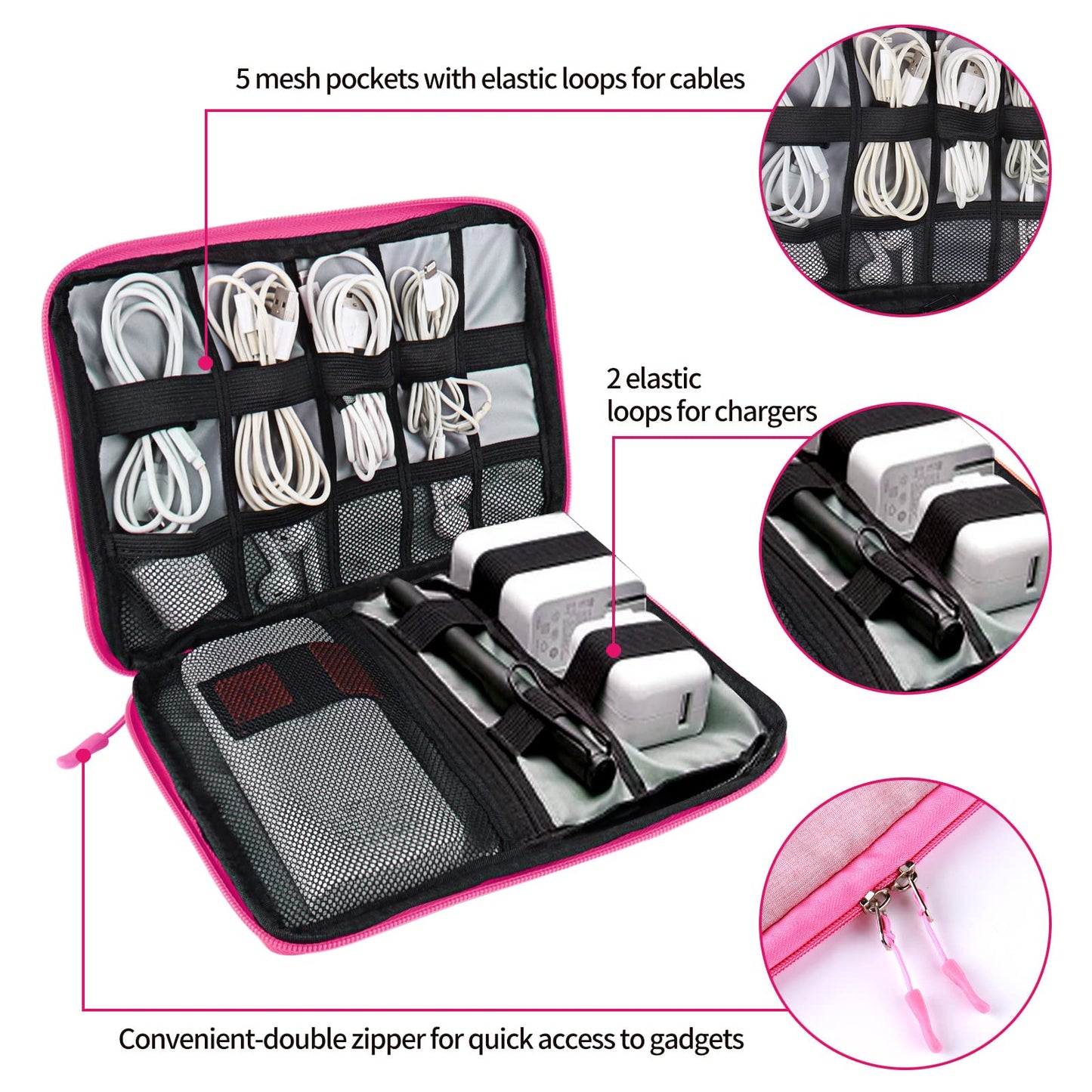 Rinvanic Cable Organizer Bag, Pink Travel Accessories Carry Cases Portable Cord Organizer Bag for Cable, Charger, Phone, USB, SD Card with 8pcs Cable