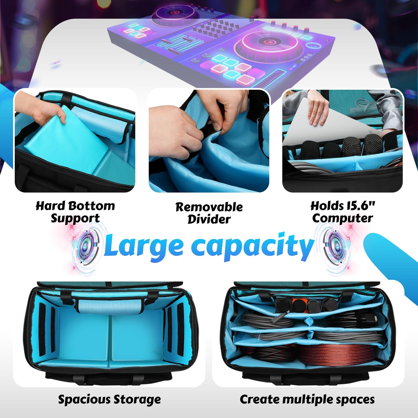 DJ Cable Bag, Rolling DJ Cable Bag with Detachable Trolley & Dividers, Large Capacity Gig Bag with Laptop Compartment, Professional Organizer Bag for