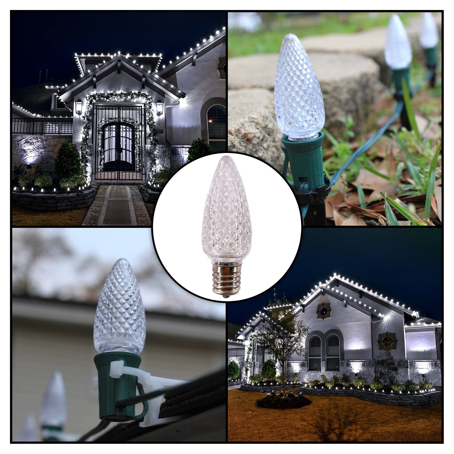 MIK Solutions C9 Christmas Lights LED Bulb (Pack of 25) Twinkle Cool White LED Replacement Christmas Light Bulbs Faceted Retrofit Candle Shape