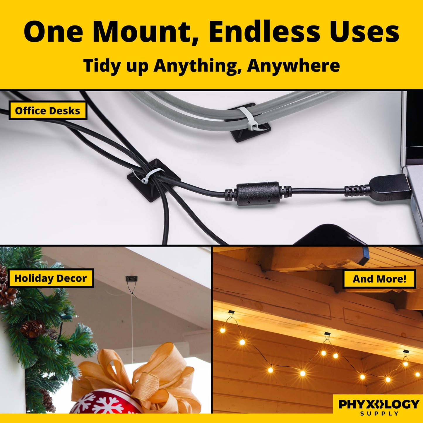 Zip Tie Adhesive-Backed Mounts 100Pk. Professional-Grade, UV Black Cable Tie Bases, 1.1 x 1.1. Screw-Hole Anchor Point Provides Optimal Strength