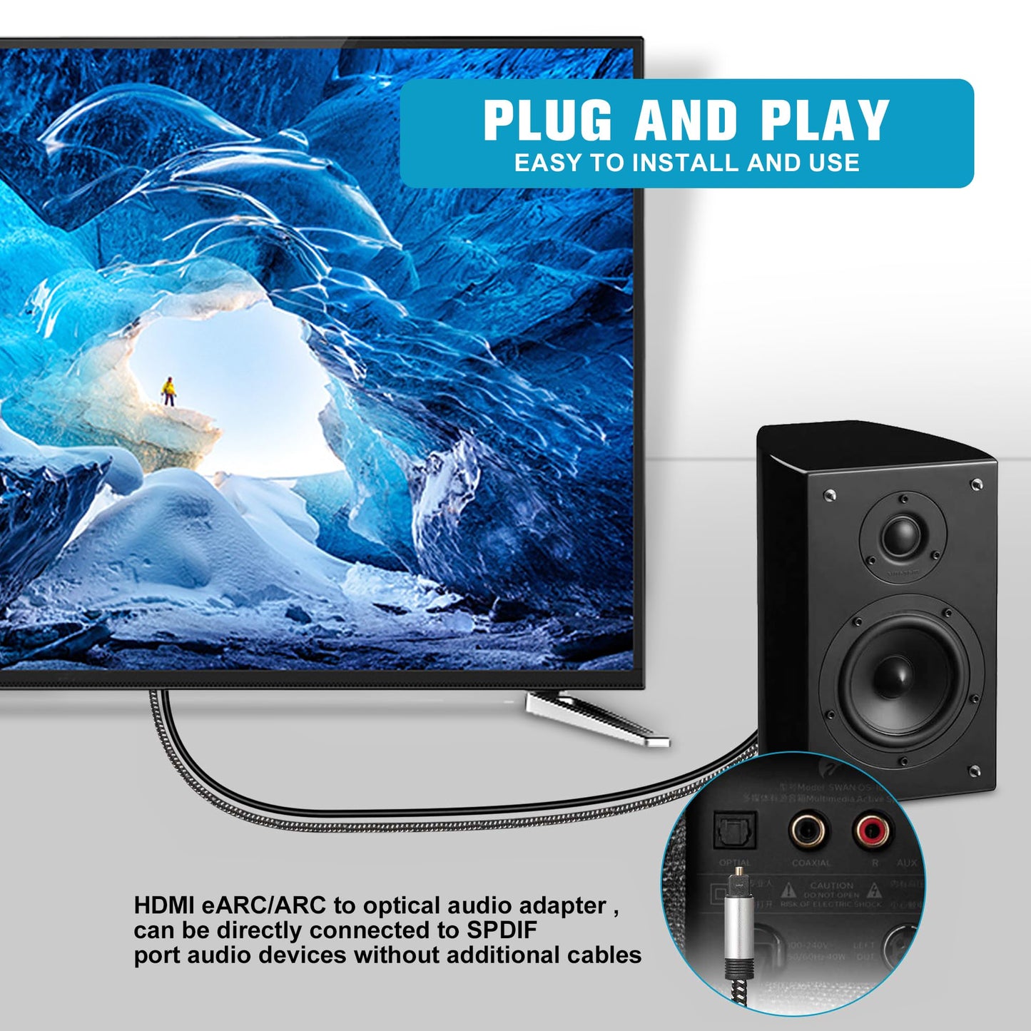 192KHz HDMI eARC/ARC to Optical Audio Converter for TV to Soundbar, Plug & Play 3.4ft/1.05m eARC to Optical Cable Audio Extractor Adapter Splitter