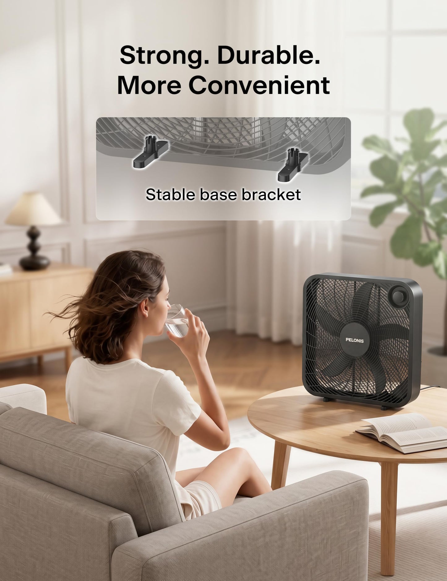 PELONIS 20 Inch Box Fan for Bedroom- 3 Speeds, 25ft/s, Floor Fan, Window Fan, Table Fan, Desktop Fan with Superior Air Throw (2295 CFM), Lightweight