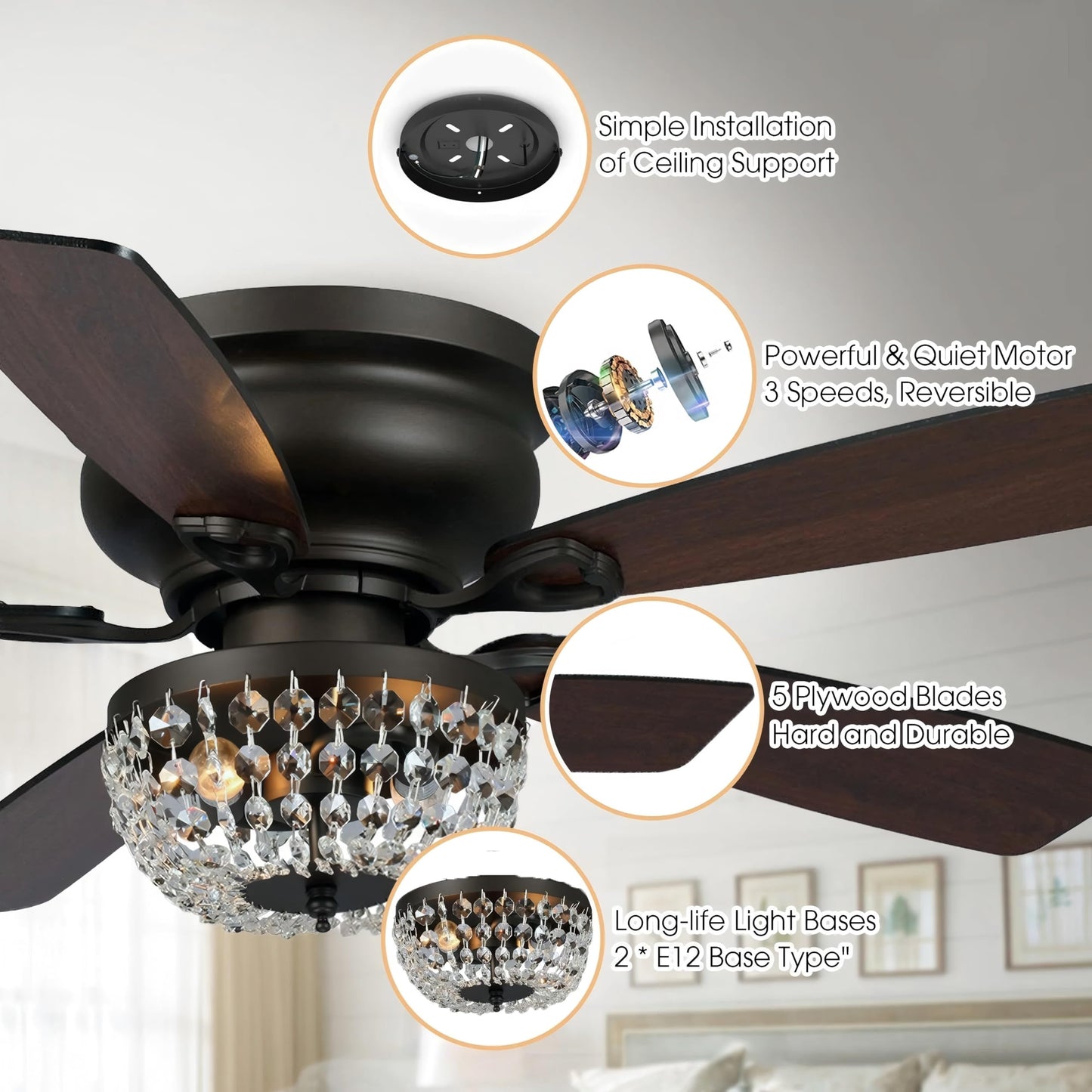 Vaczon 48 Inch Low Profile Ceiling Fan with Light: Farmhouse Caged Fandelier, Crystal Flush Mount Ceiling Fan with Remote, Indoor/Outdoor Use