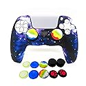 Skin for PS5 Controller Grips, Silicone Case Cover for PlayStation 5 Anti-Slip Protector with 10pcs Thumb Joysticks Caps (Blue Starry Sky)