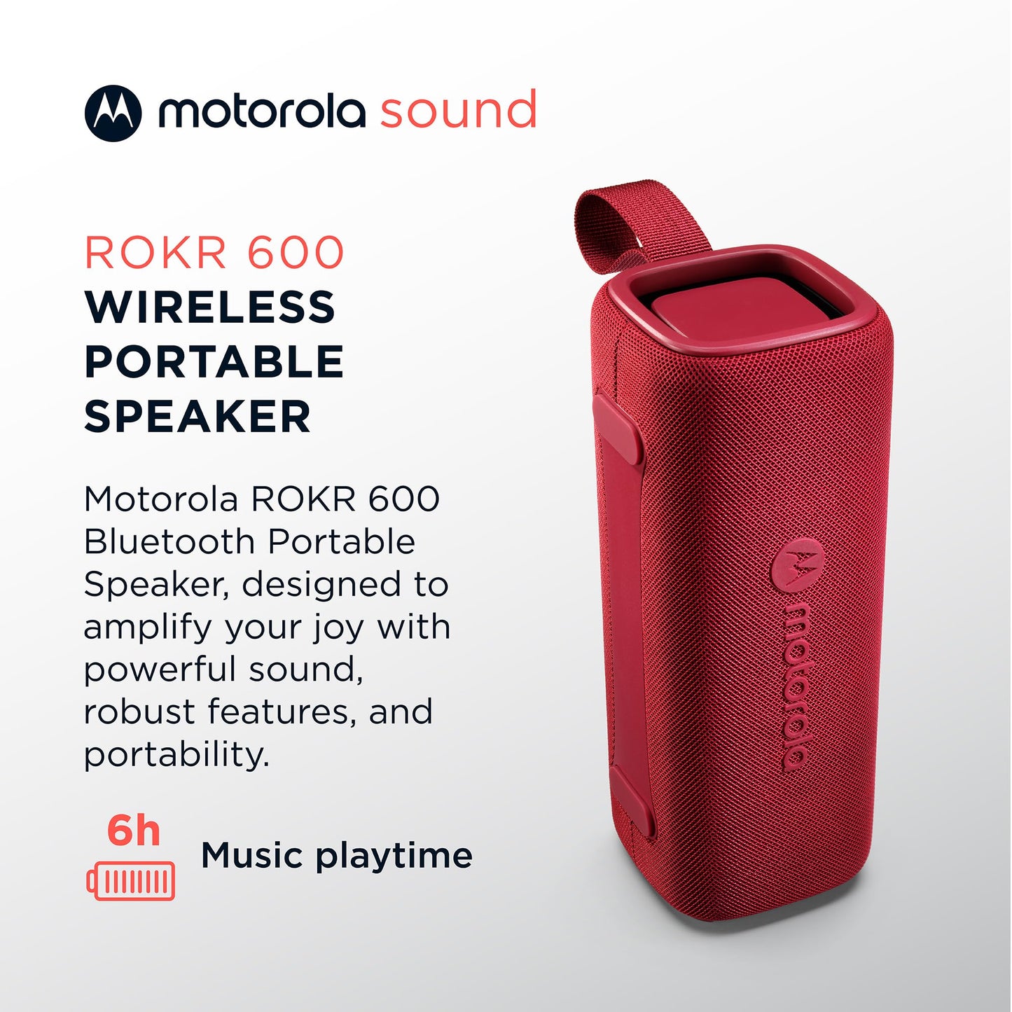 Motorola Sound ROKR 600 Portable Bluetooth Speaker, 6-Hour Playtime, IP67 Water Resistant, Speaker for Home/Outdoors, Compatible wtih iPhone, Red