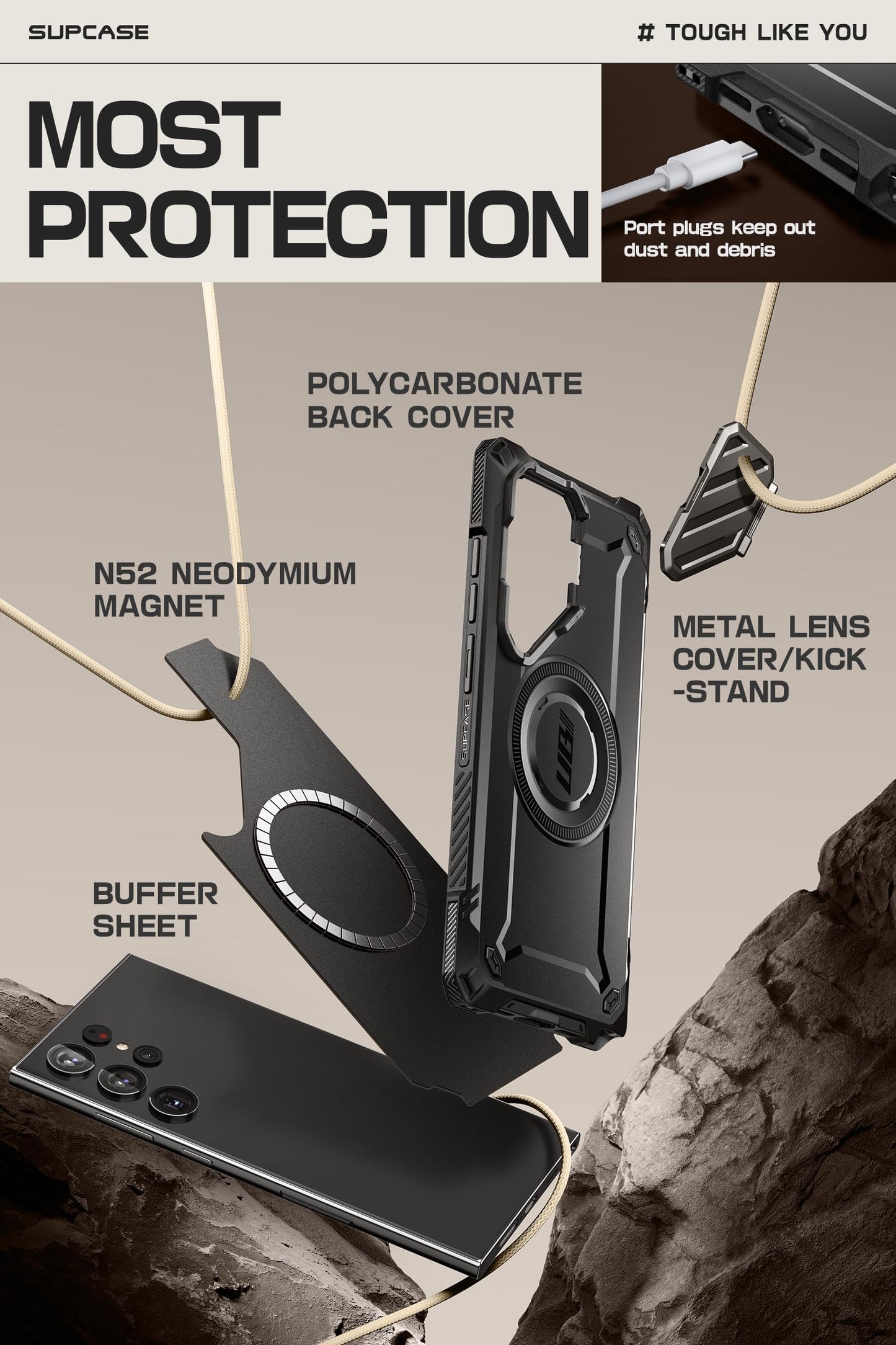 SUPCASE UB Mag XT Case for Samsung Galaxy S24 Ultra (2024 Release), Extreme Lens Protection Slim Rugged Case with Built-in Kickstand (Tigray)