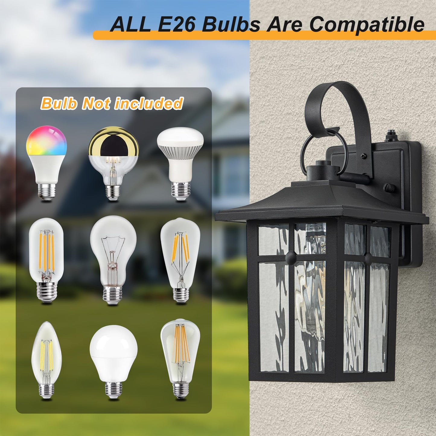 Lawyettle 2 Pack Dusk to Dawn Outdoor Wall Lights, Aluminum Exterior Light Fixtures Wall Mount with Ripple Glass, Waterproof Black Porch Lights