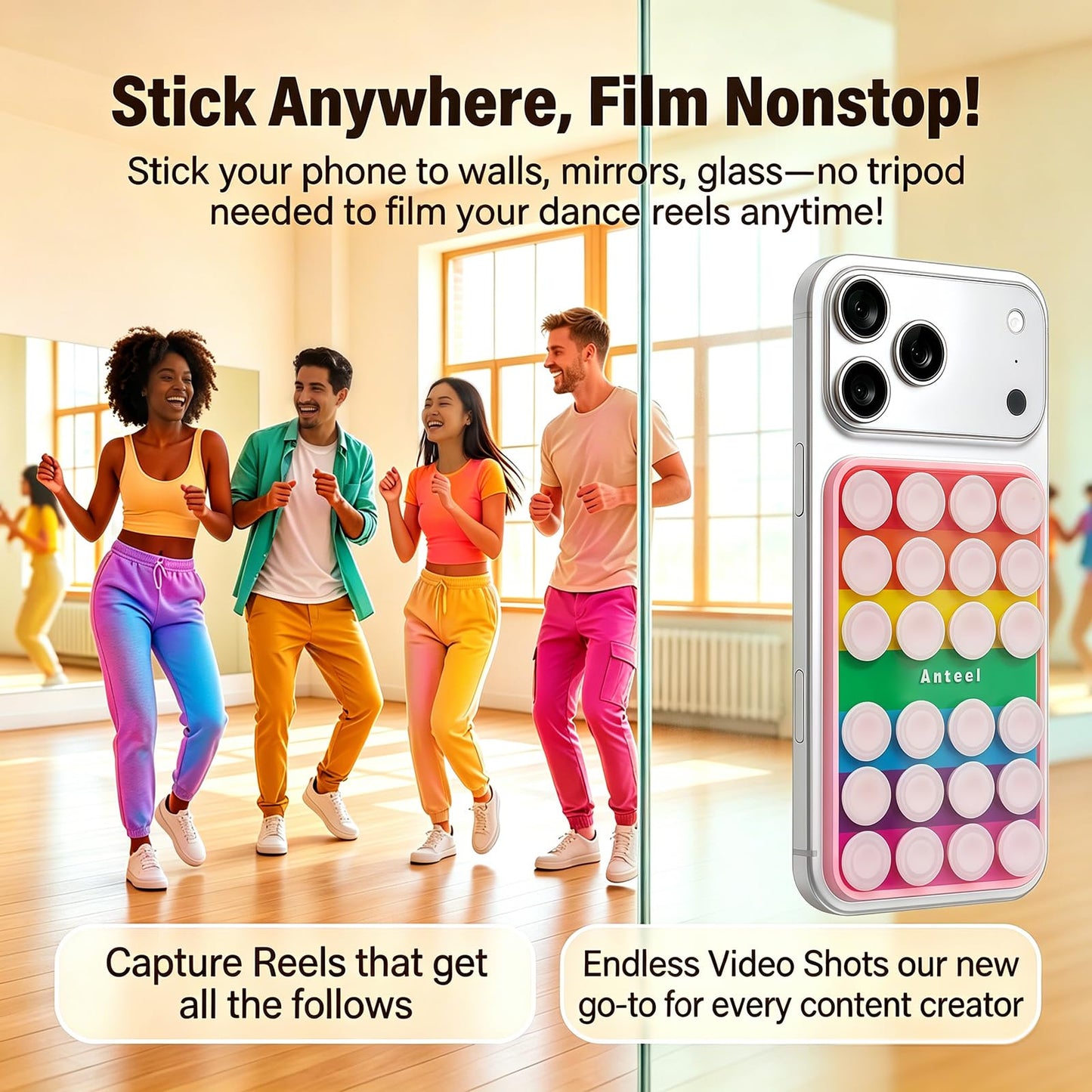 Anteel Rainbow - OG Silicone Suction Cup Phone Adhesive Mount with Seven Colors - Hands-Free Sticky Phone Holder - Strong Suction Grip for Selfies