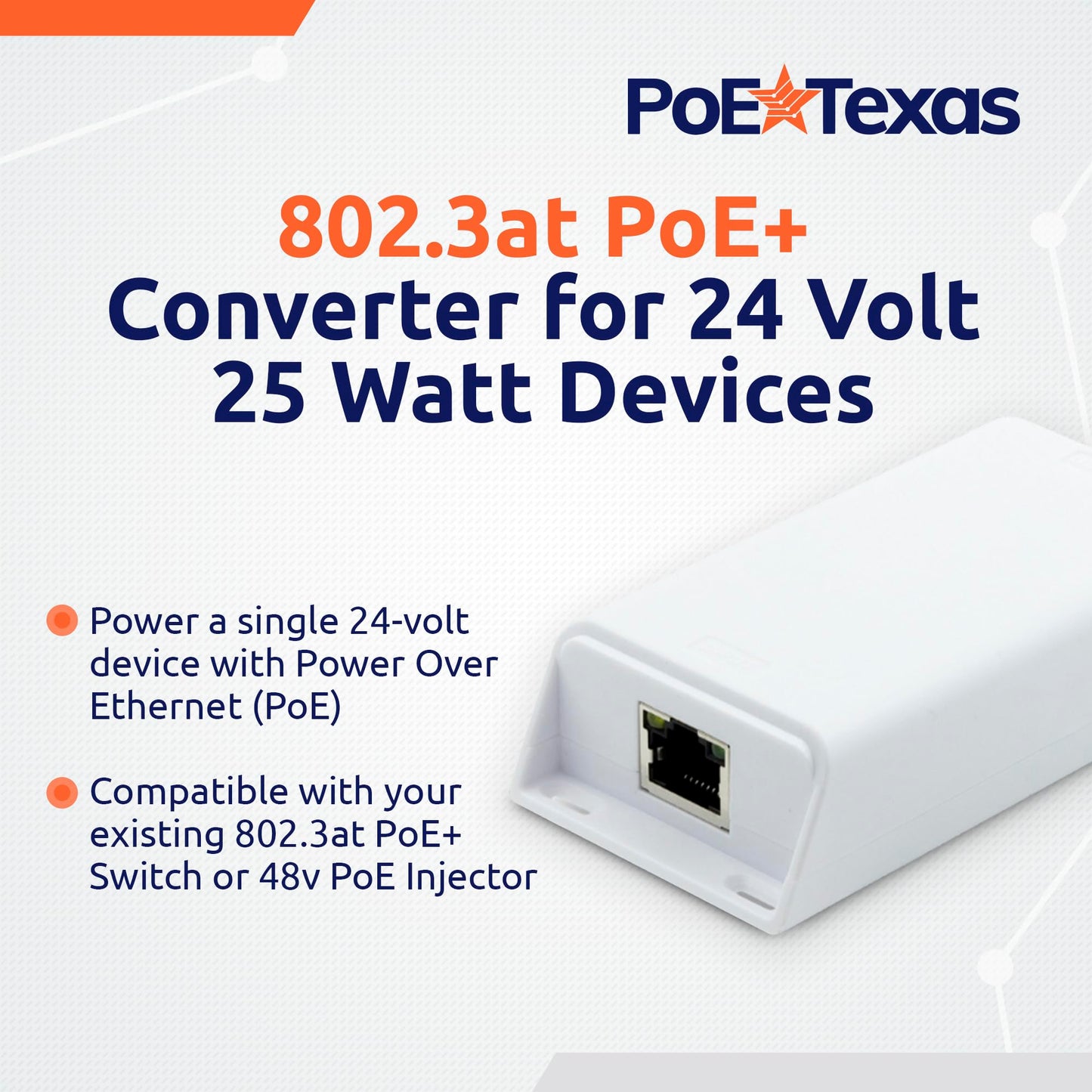 PoE Texas 48v to 24v PoE Converter - Inline PoE Splitter with 24 Volt 25 Watt PoE or DC - Converts IEEE 802.3at PoE+ to 24V Passive PoE or 24V DC…