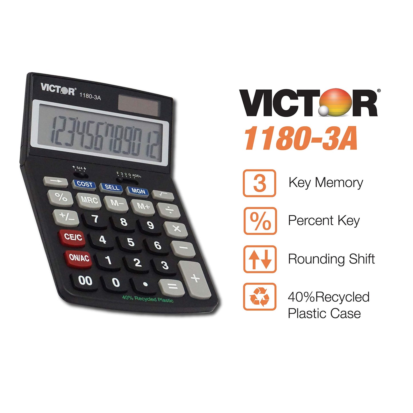 Victor 1180-3A 12-Digit Standard Function Calculator, Battery and Solar Hybrid Powered Adjustable Angle LCD Display, Great For Home and Office Desks