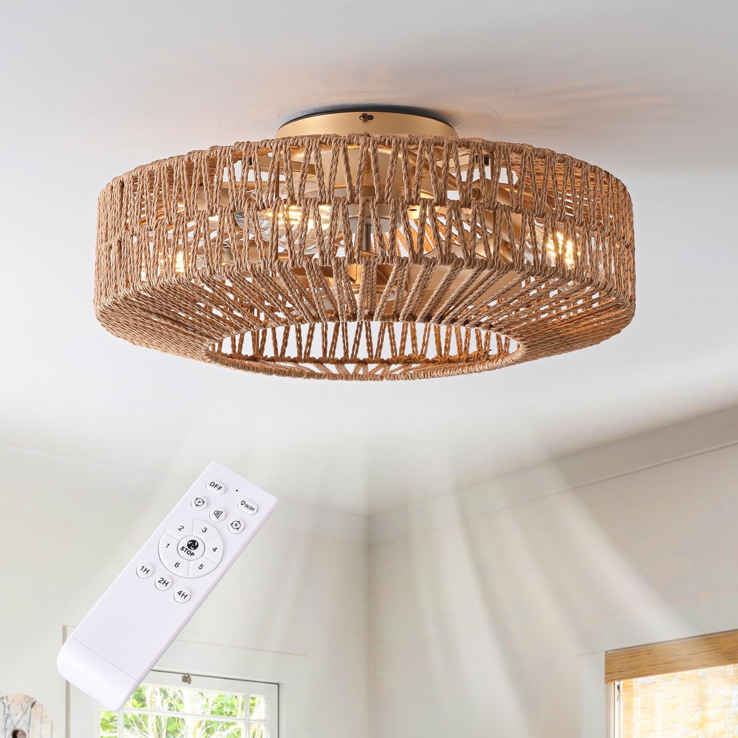 OPKMB 20" Boho Caged Fandelier with Lights Flush Mount Rattan Ceiling Fan with Lights and Remote Control, Enclosed 6 Speeds Low Profile Fan Light