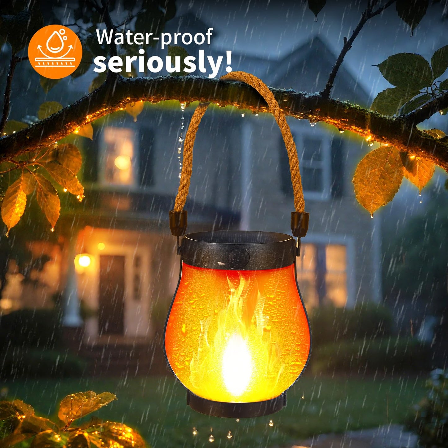 2 Pack Solar Flame Lantern Lights - Flickering Flame Hanging Lanterns Outdoor, Waterproof Garden Lights with 2 Modes Dual Charging USB & Solar Yard