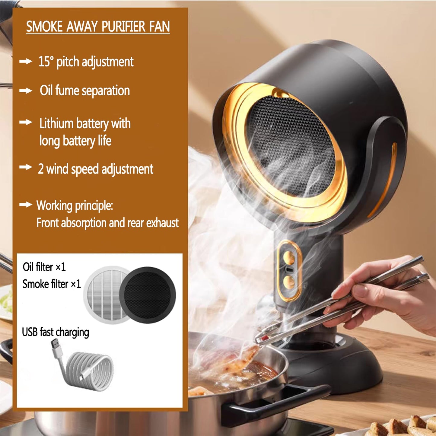PuffHide Purifier for Smoking Indoors, Portable USB Rechargeable Adjustable, Detachable Smoke Fan for BBQ, Hot Pot, Indoor Grill & Kitchen Cooking