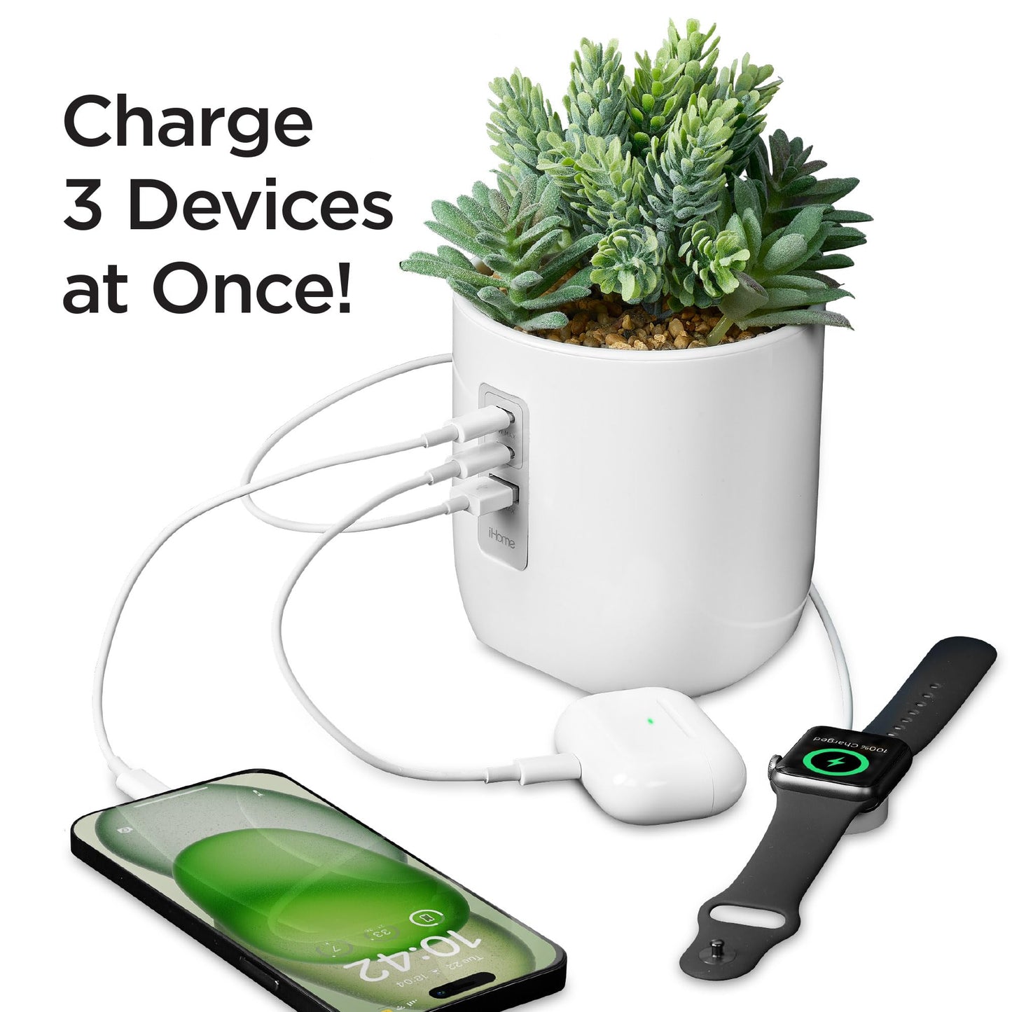 iHome PowerPlant Charging Station, Faux Succulent with USB Charging Station for iPhone, Android, and More - White (iPP45)