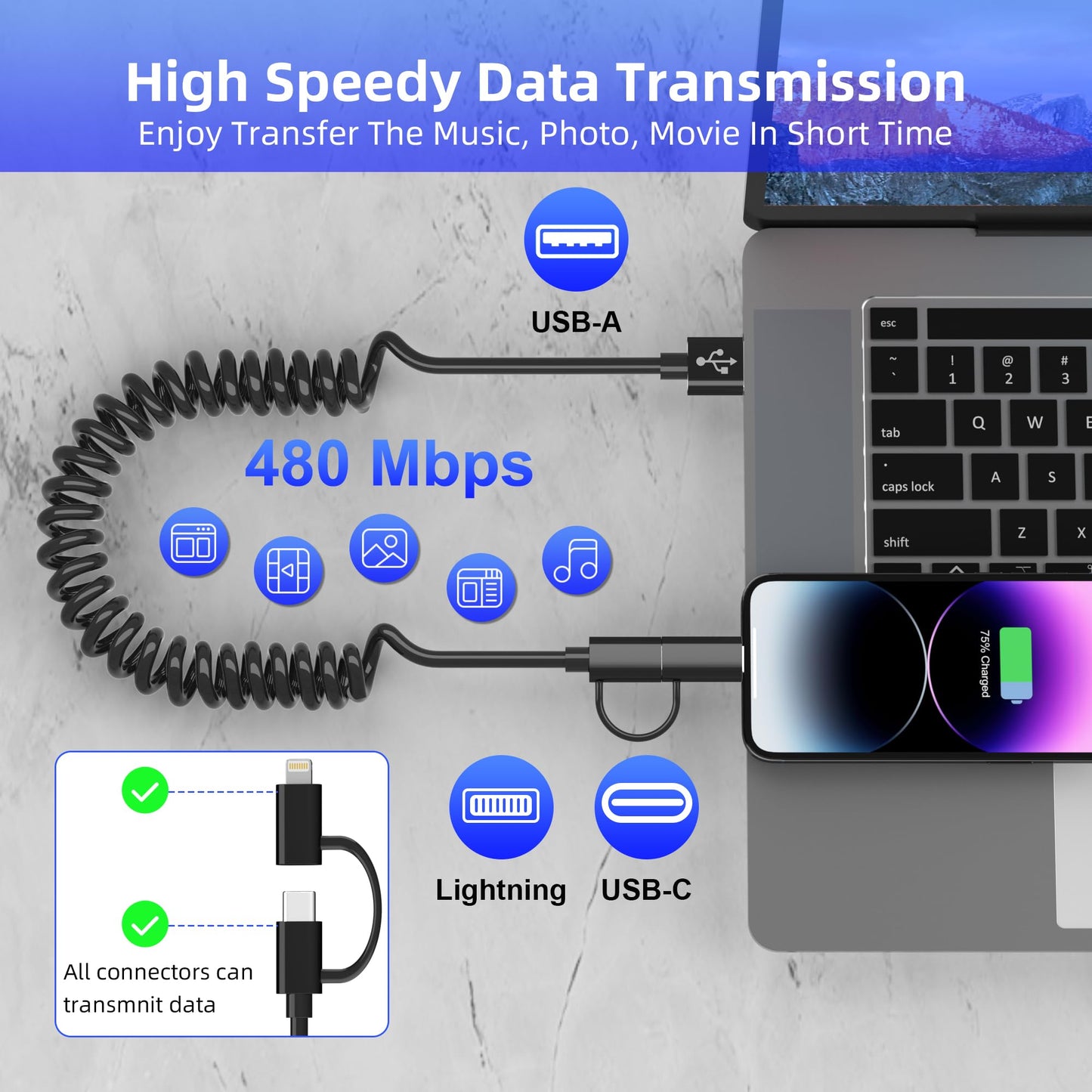 USB to USB-C and Lightning Cable Combo 2 in 1 Coiled Cable Support Apple Carplay & Android Auto [MFi & 3A Fast Charge & Data Sync] Coiled Lightning…
