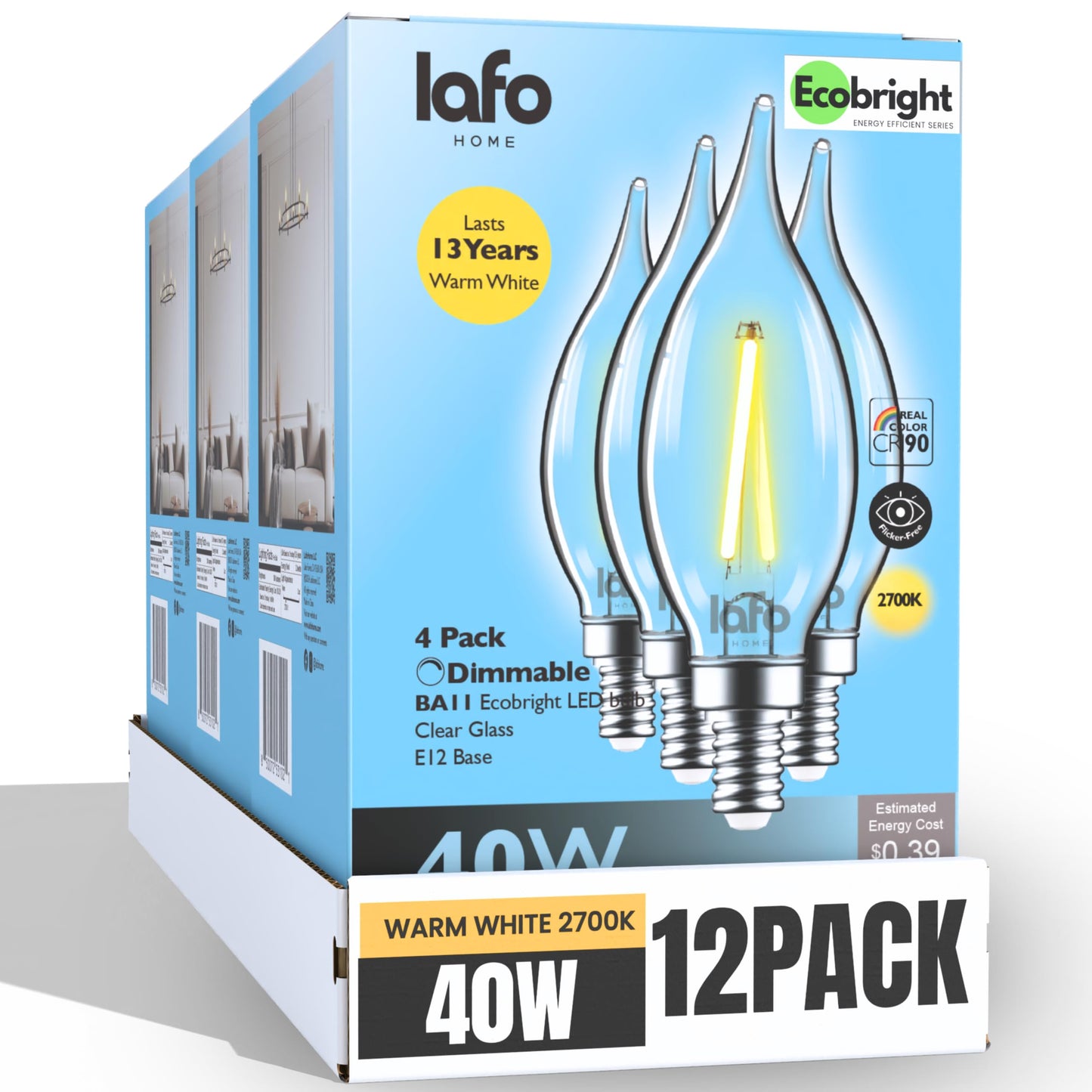 LafoHome EcoBright BA11 CA11 LED Candelabra Bulbs Dimmable Filament Candle Lights 40W Equivalent E12 Base 2700K Warm White Clear Glass High CRI