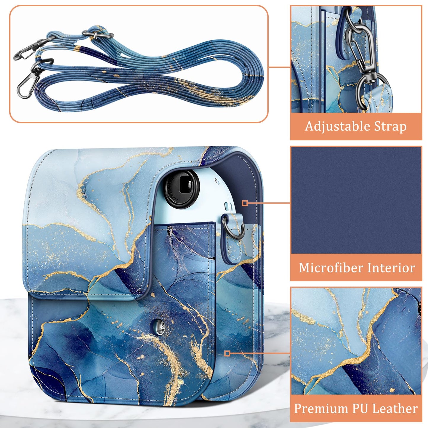 Fintie Protective Case for Fujifilm Instax Mini 12 Instant Camera - Premium Vegan Leather Bag Cover with Removable Adjustable Strap, Ocean Marble