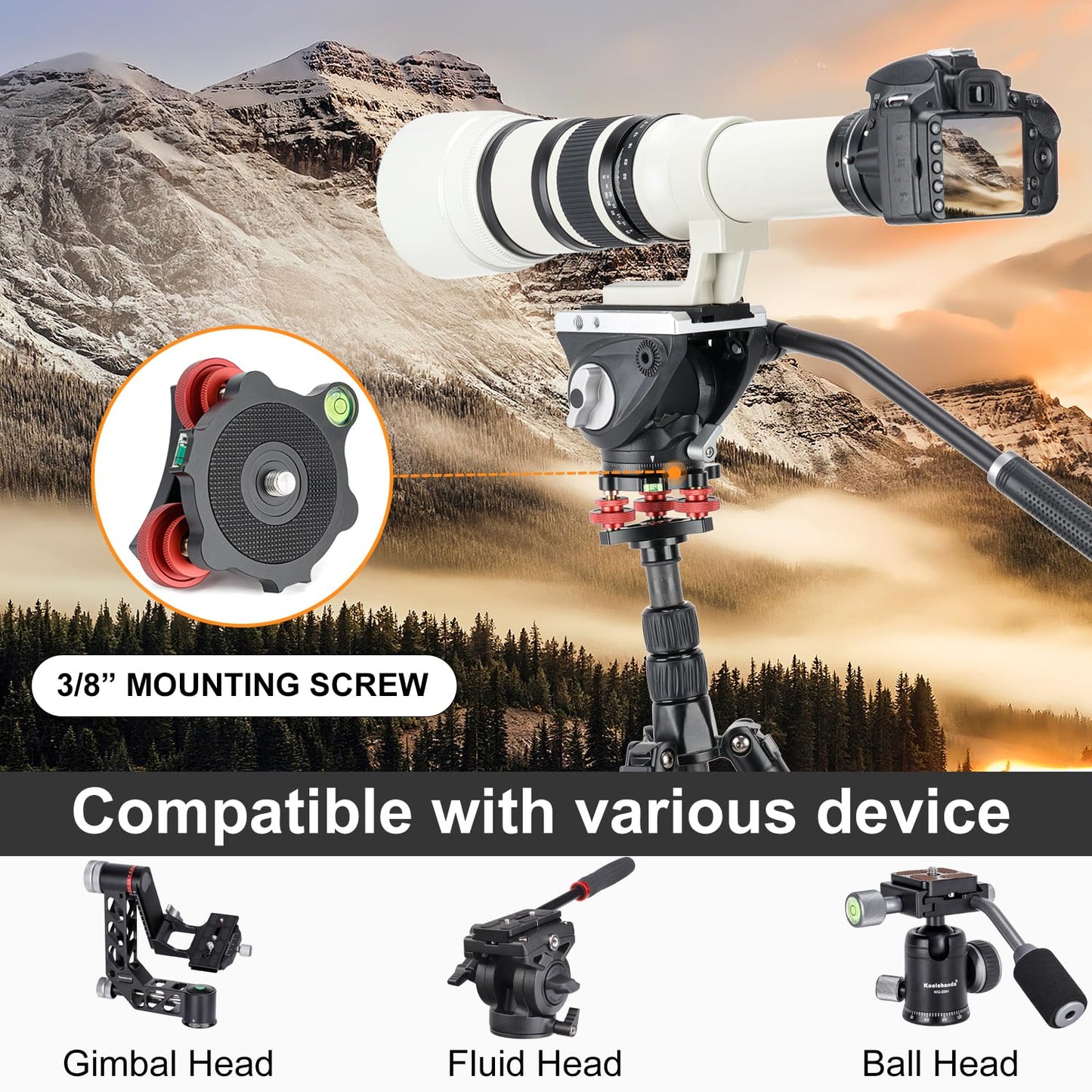 Koolehaoda Tripod Head Leveling Base Camera Leveler, Aluminum Tripod Leveler Stand with +/-5° Precise Angle Adjustment, 3/8" Thread for DSLR Camera