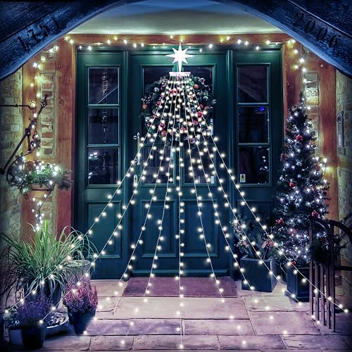 PUHONG Christmas Lights Outdoor, Christmas Decoration String Lights,16.4Ft 320 LED Tree Lights [8 Modes & Waterproof], with 11" Lighted Star