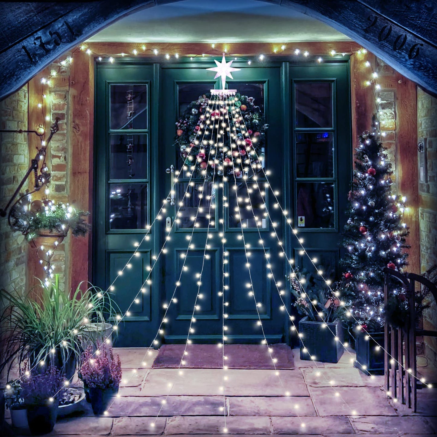 PUHONG Christmas Lights Outdoor, Christmas Decoration String Lights,16.4Ft 320 LED Tree Lights [8 Modes & Waterproof], with 11" Lighted Star