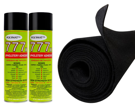 Polymat 2 cans 777 Spray Glue + 45FT x 3.75FT Wide (45FTX45INCHES) Black Speaker Sub Box Backed Carpet Truck Car Trunk Liner, Dash Cover, Interior