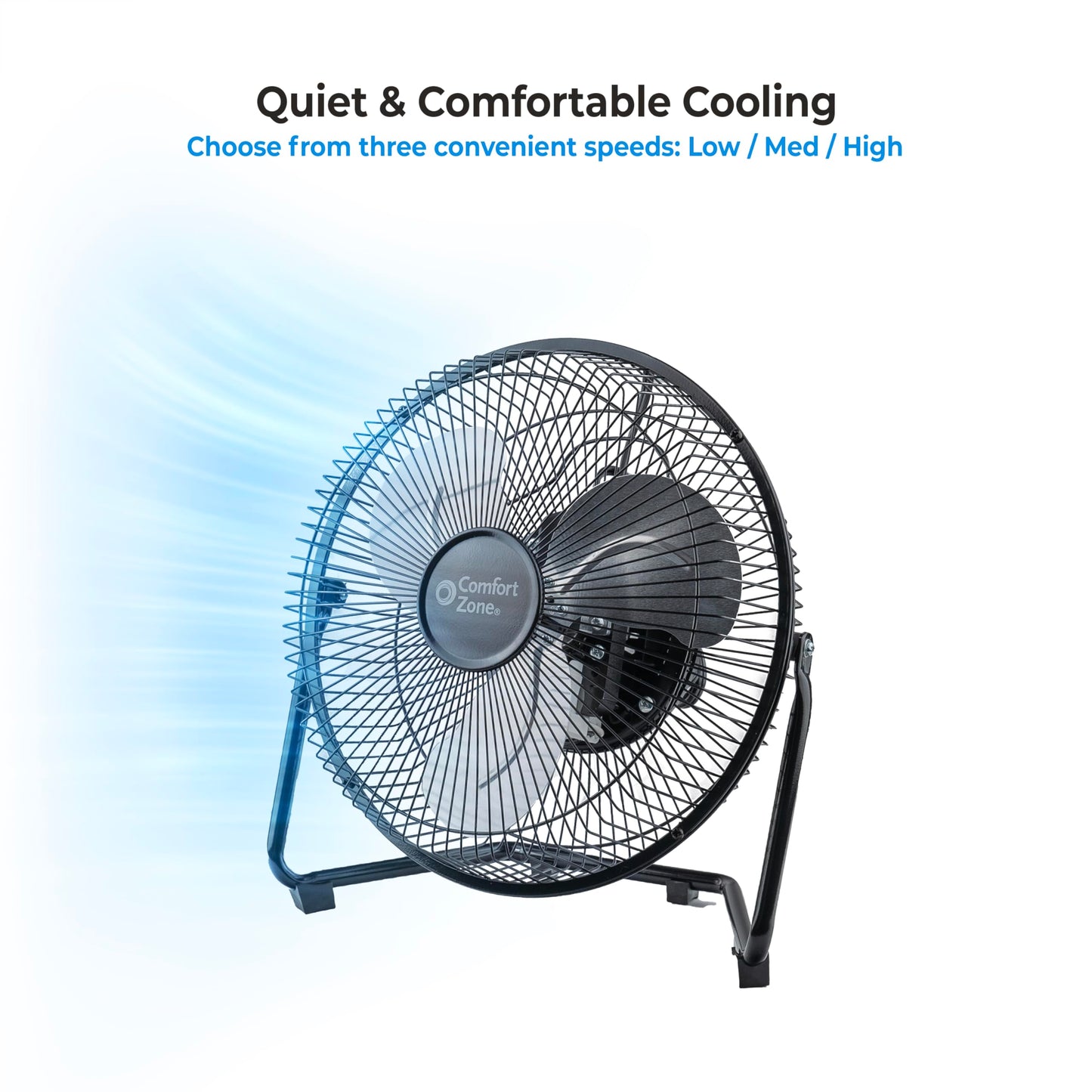 Comfort Zone 9 inch Cradle Fan, 3 Speed Floor or Table Fan with180 Degree Tilt, Metal Construction and Aluminum Blades, Carry Handle, Rubber Feet