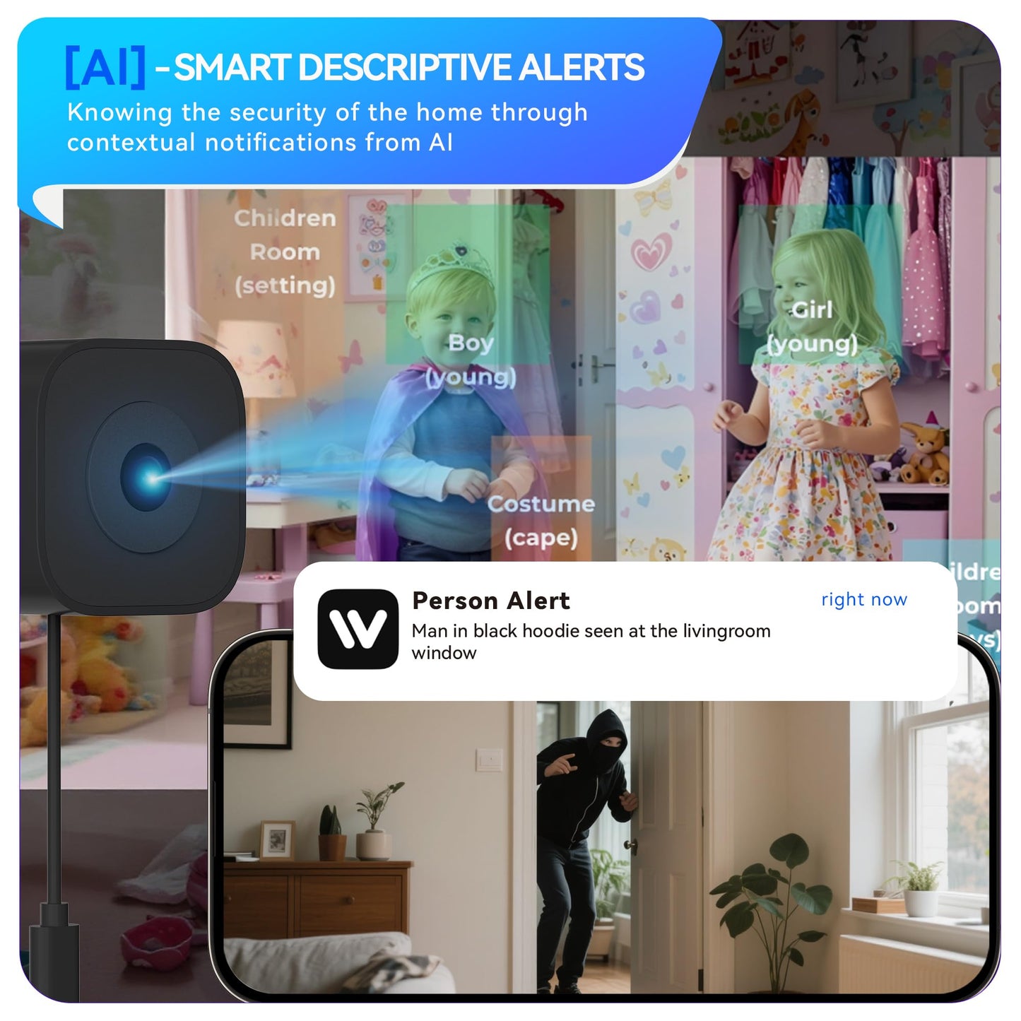 Sirwu Magnetic Window Camera, Window Security Camera with Night Vision, 3MP 2K Indoor Camera for Home Security, OpenAI GPT Enabled, 24/7 Recording