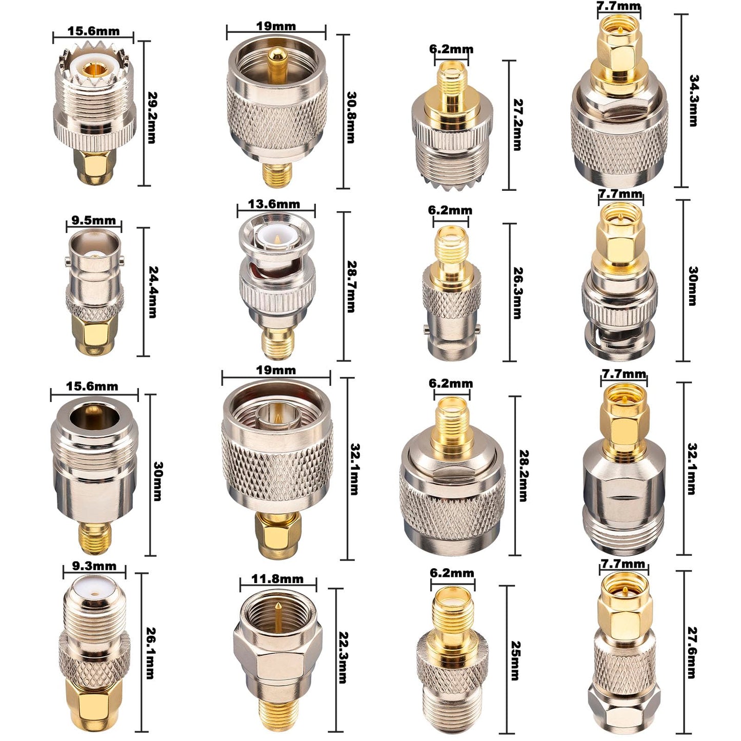 YOTENKO 16-Piece SMA Adapter Kit: SMA to BNC, N, F, UHF (PL259/SO239) Coaxial Connectors, Gold-Plated Brass RF Adapter Set for RTL-SDR Dongles, Ham