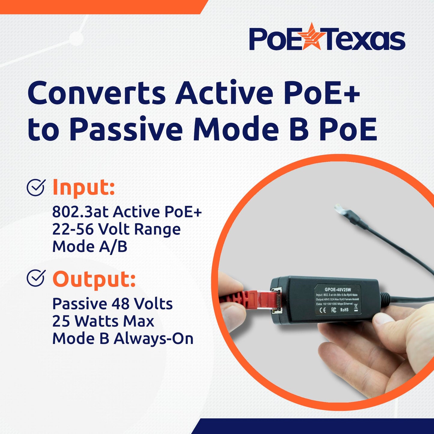 PoE Texas 48V Active-to-Passive PoE Converter, 25W Gigabit