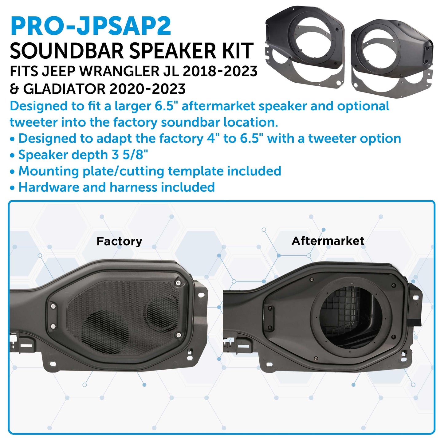 Proscenium PRO-JPSAP2 Rear Soundbar Speaker All-In-One Adapter Kit, Easy Installation for Better Sound Quality, Fits 6.5”-6.75” Aftermarket Speakers